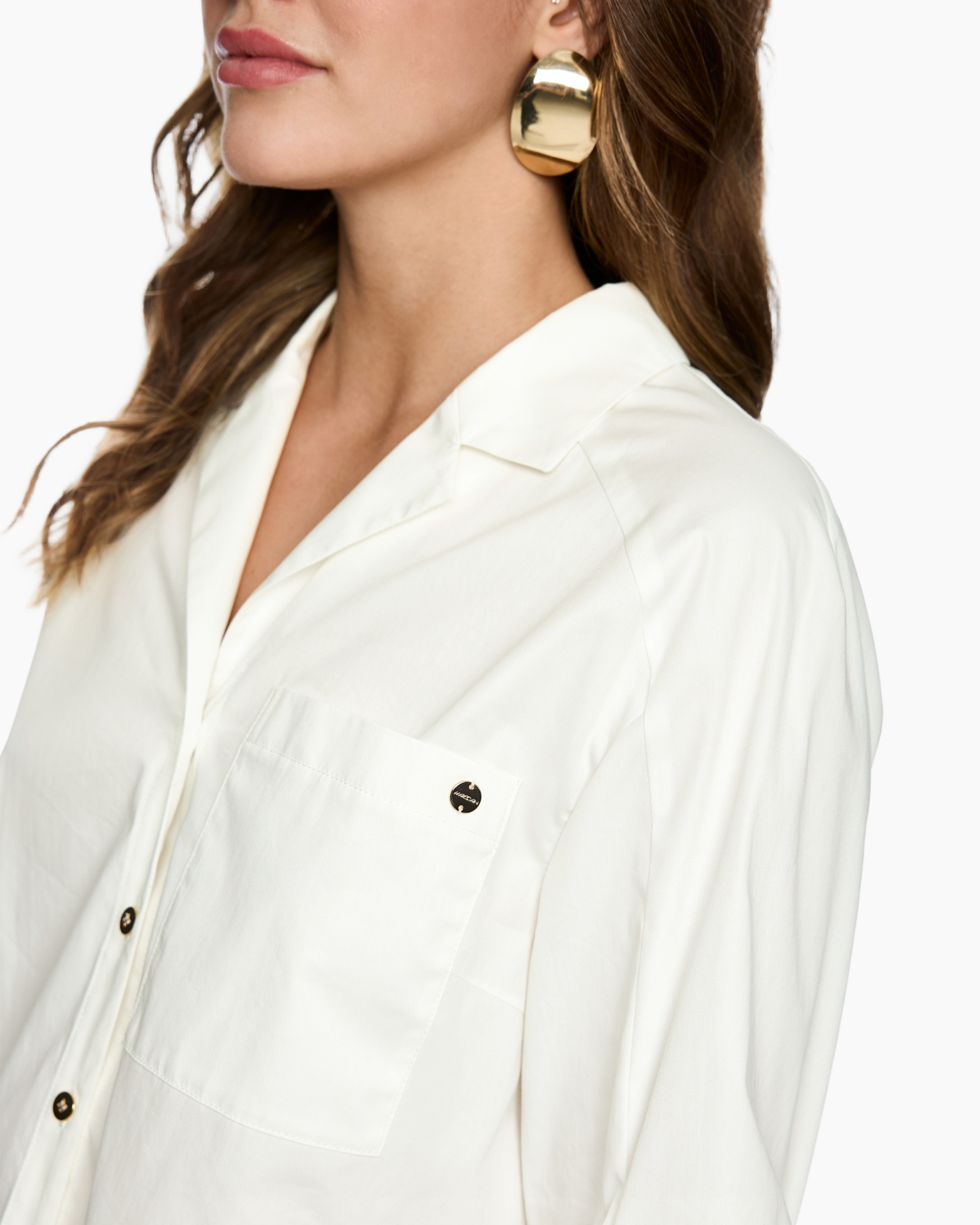 white shirt, collared shirt, pocket shirt, button-down, gold earrings