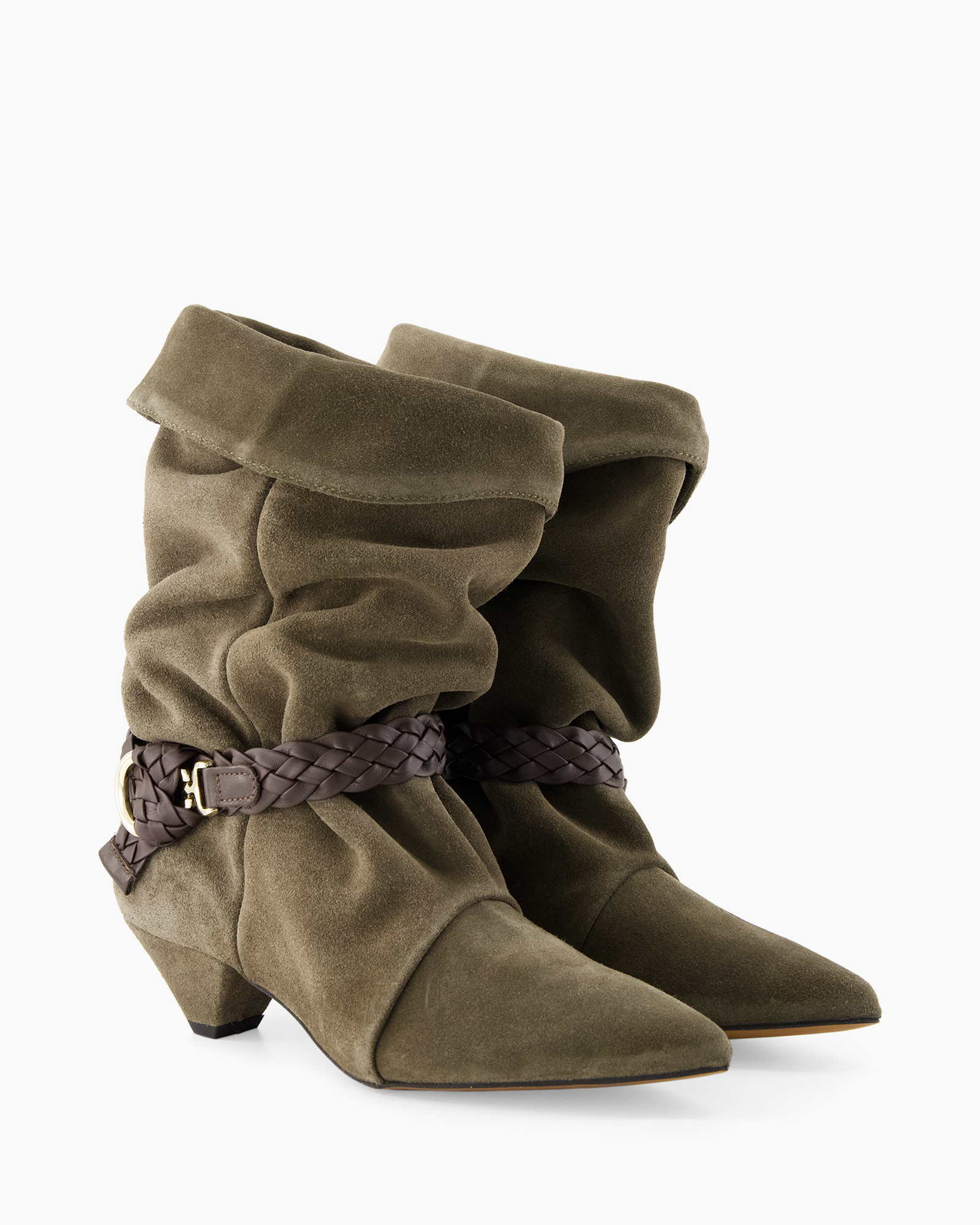 ankle boots, suede, slouchy, braided belt, brown