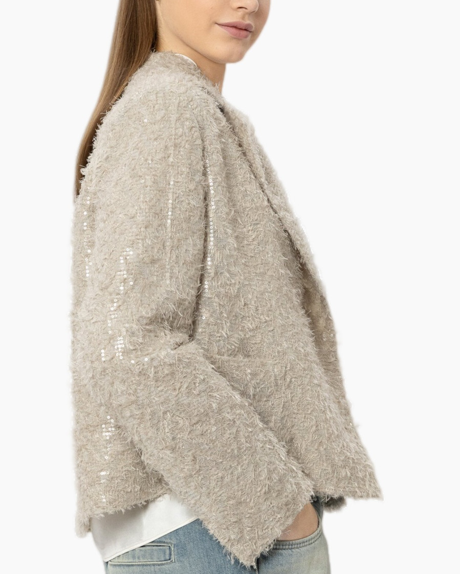 beige, fuzzy coat, bouclé, sequin stripe, long sleeve