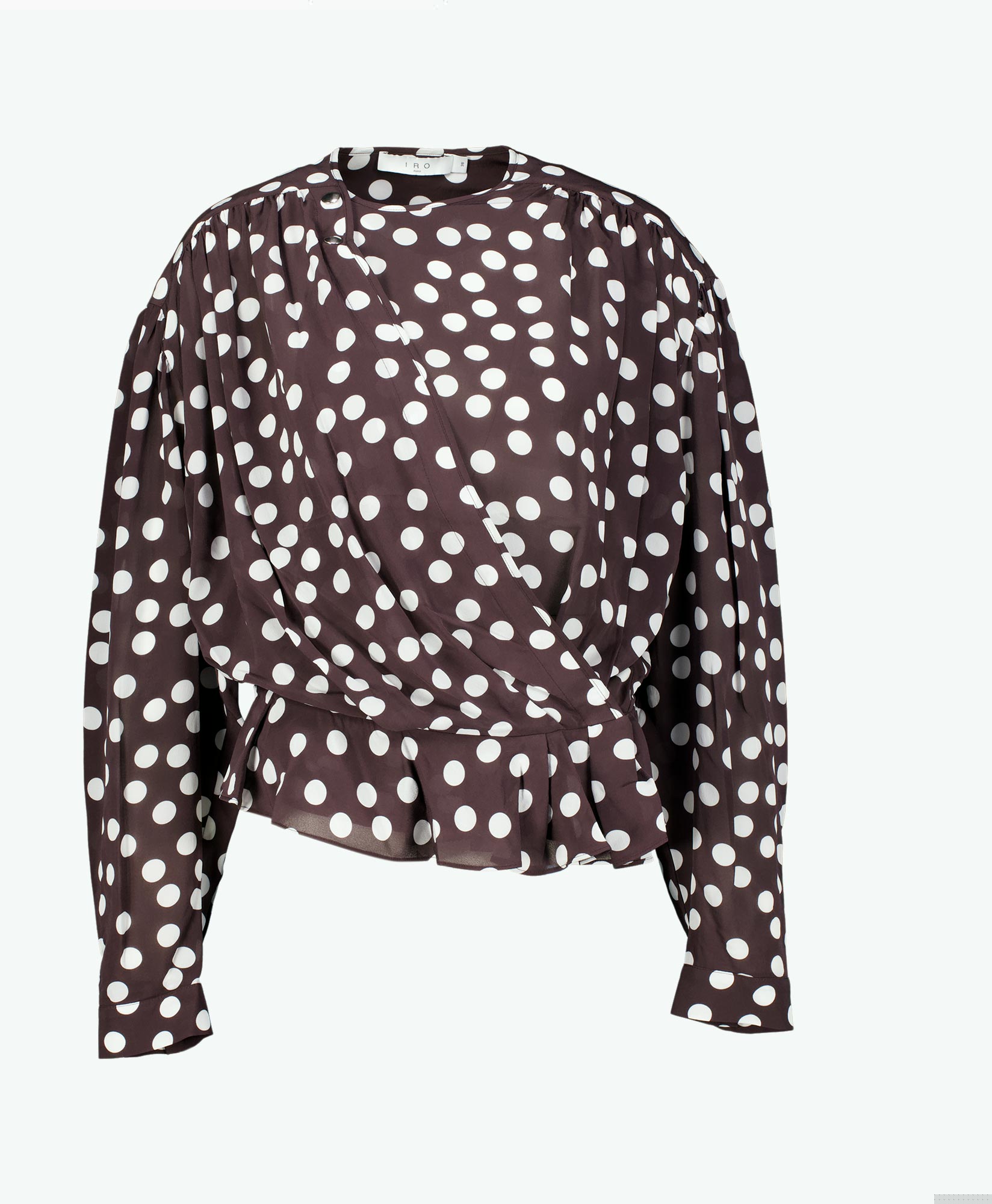 blouse, polka dot, wrap, long sleeve, ruched waist