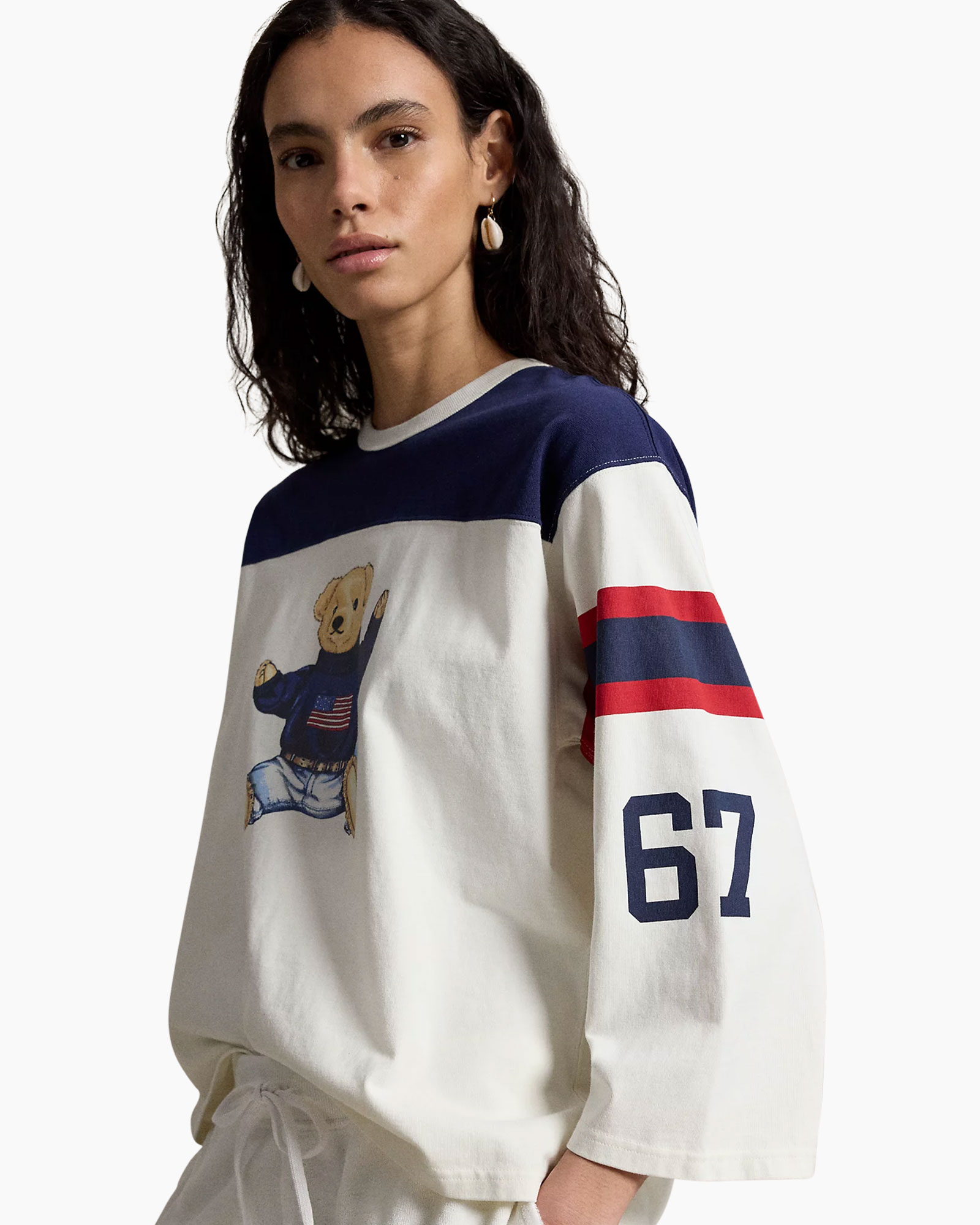 longsleeve, teddy-graphic, crew-neck, three-quarter-sleeve, striped-detail