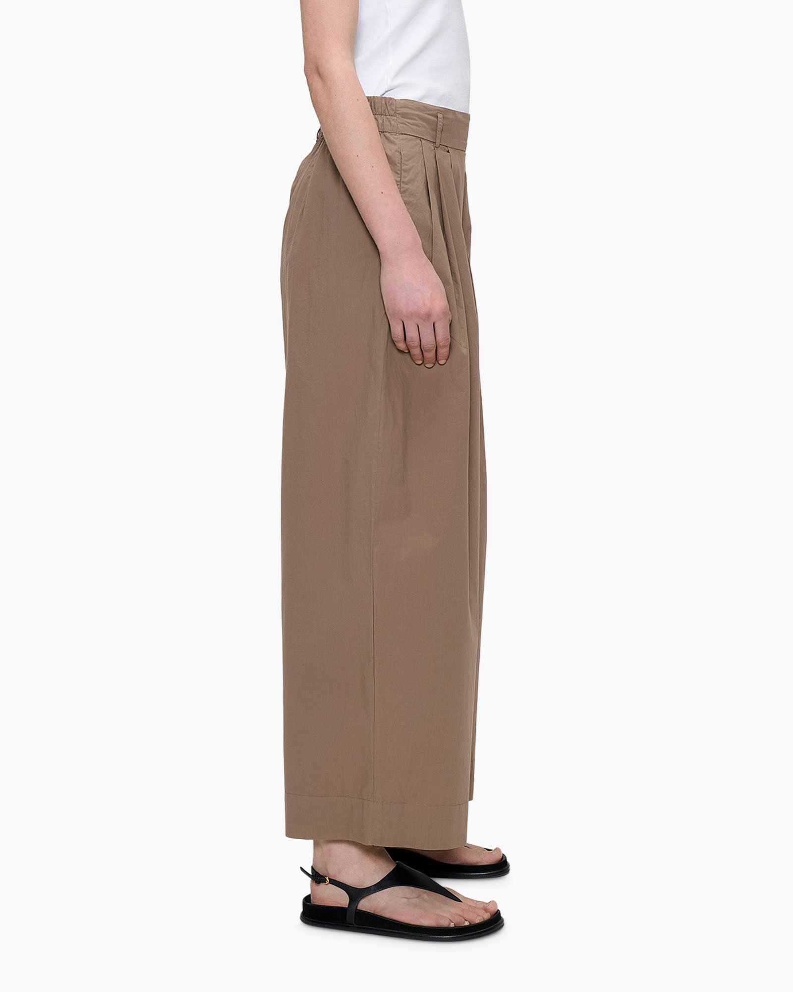 pants, wide-leg, taupe, ankle-length, flat sandals