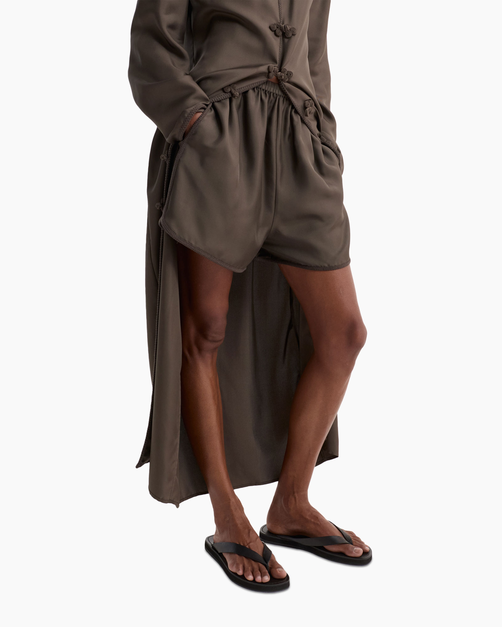 shorts, brown, drawstring, raglan, slit