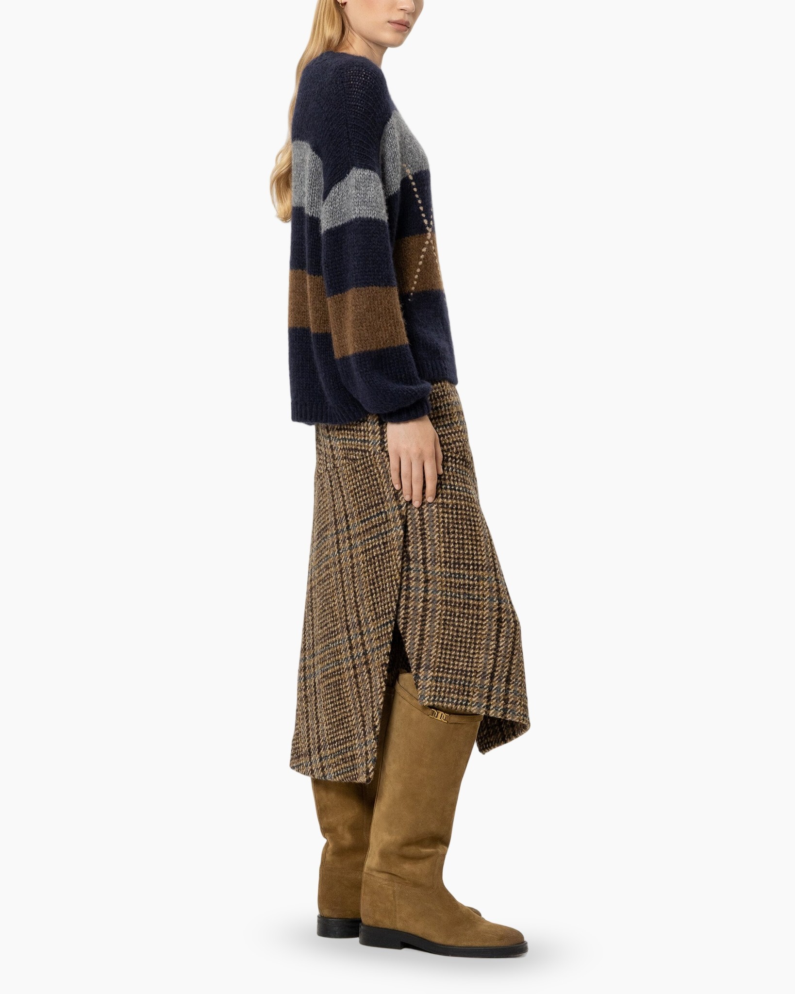 knit sweater, color block, long sleeve, flowy skirt, knee-high boots