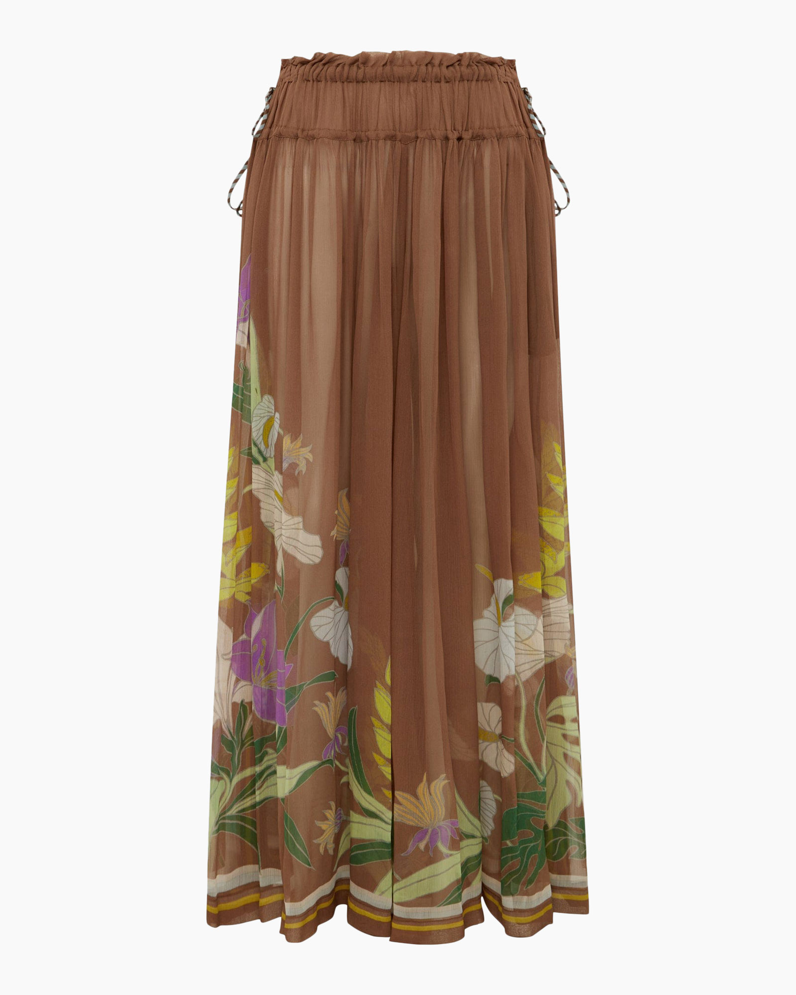 maxi skirt, brown skirt, floral print, sheer fabric, elastic waist