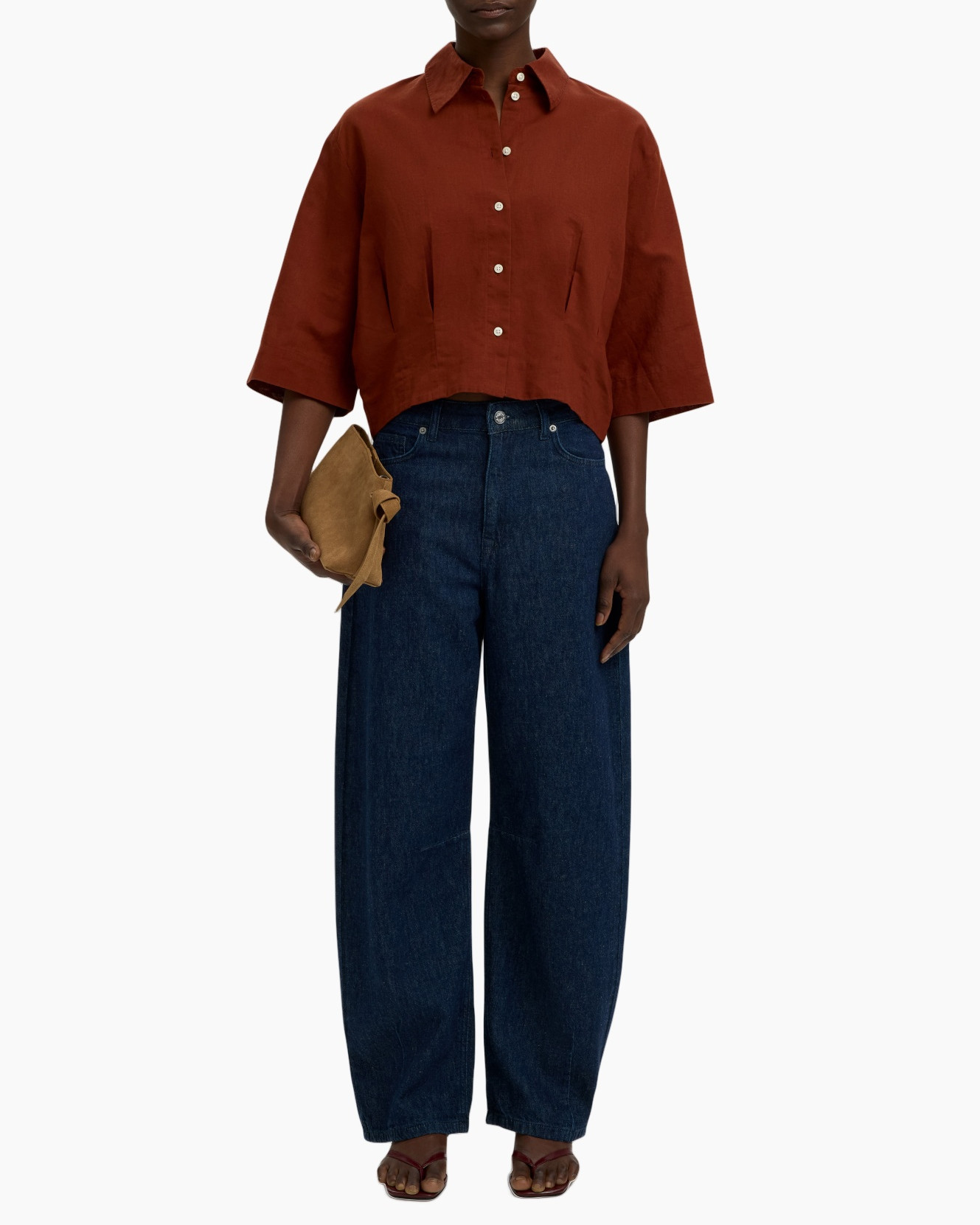linen shirt, crop top, rust color, short sleeves, wide leg jeans