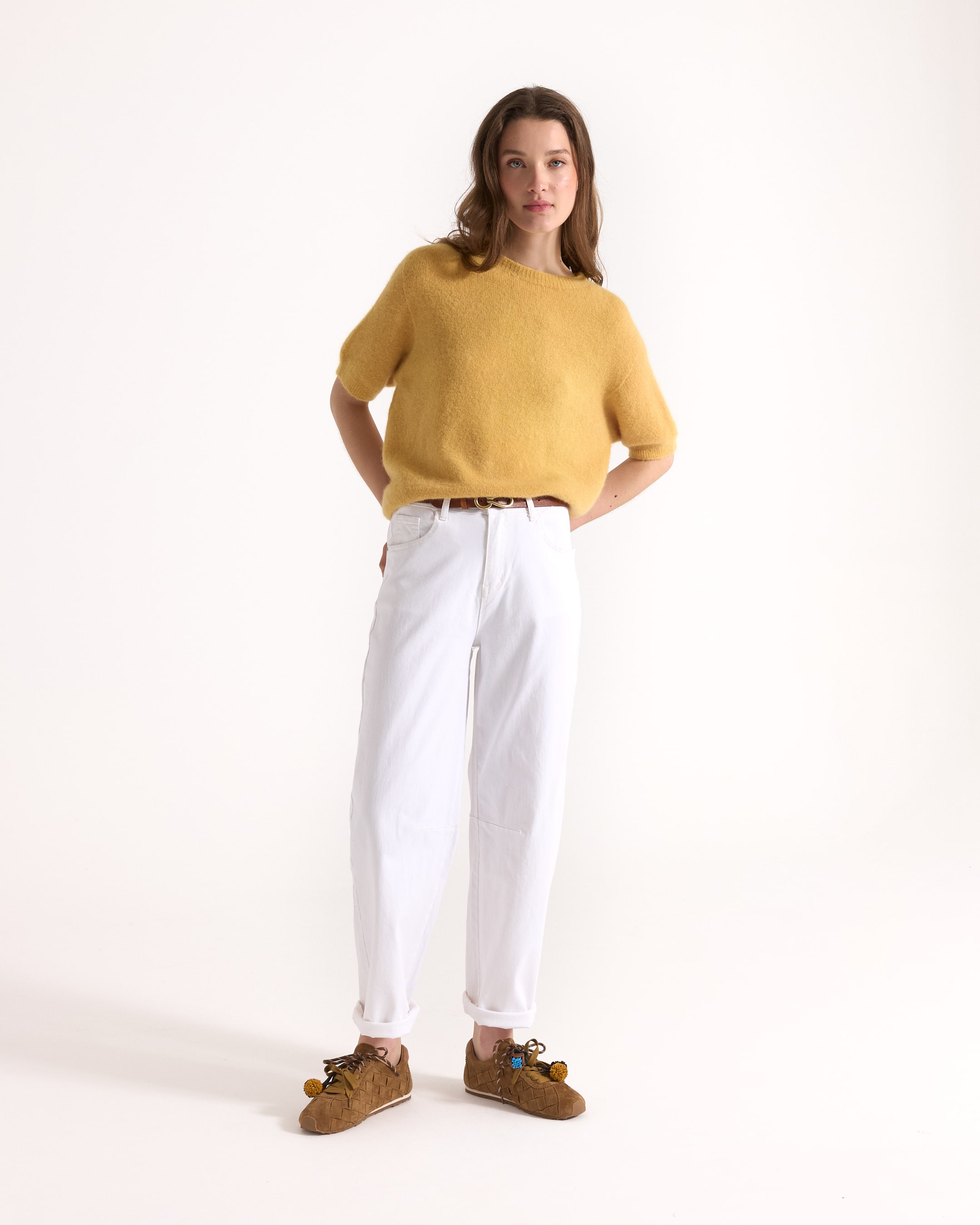 sweater, pull, knit, mustard, short-sleeve