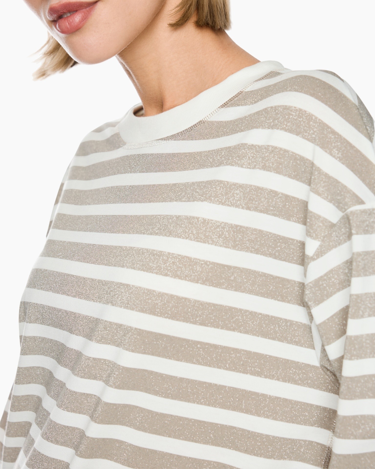 striped top, long sleeve, crew neck, beige white, glitter stripes