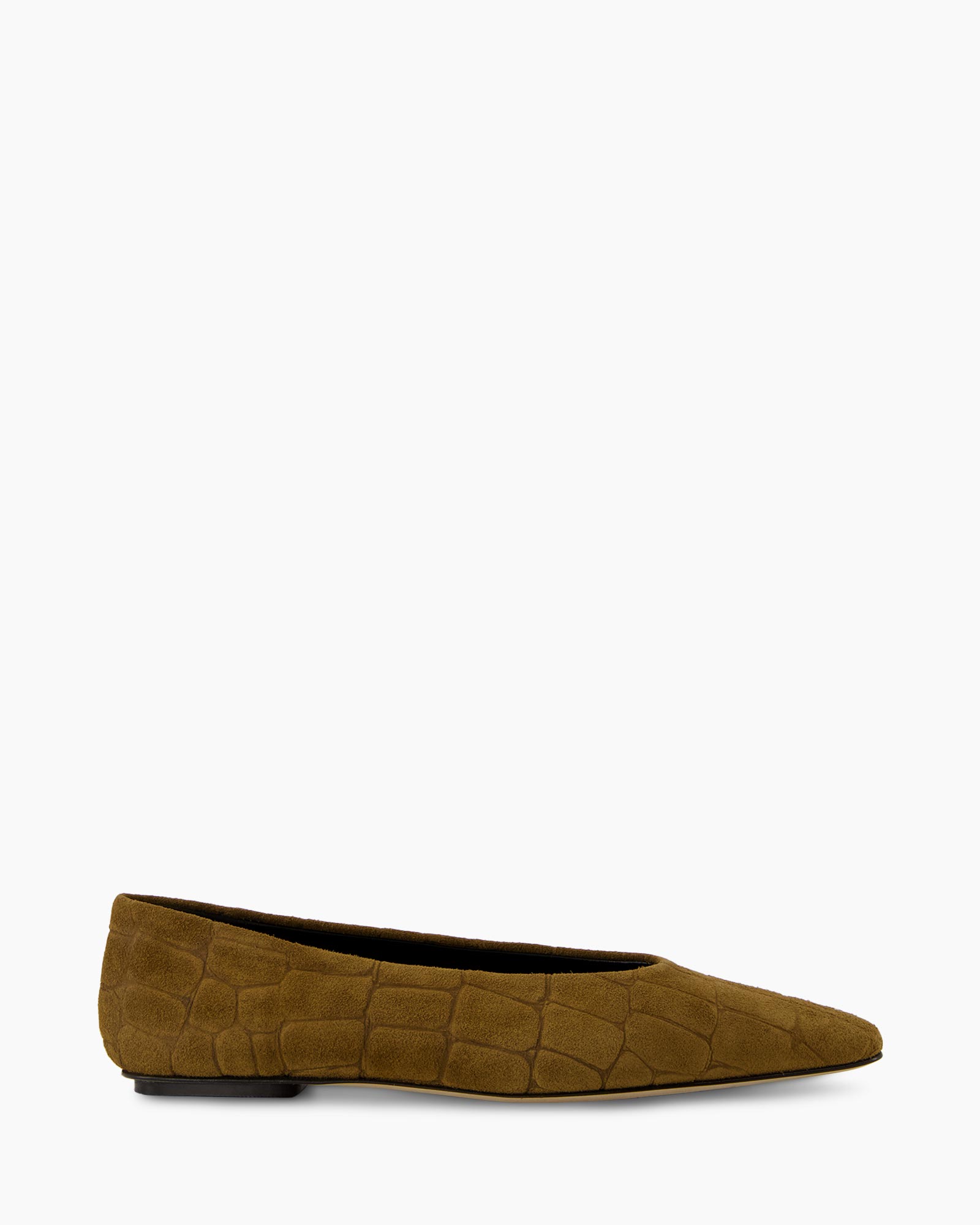 flat shoe, ballet flat, brown suede, croco-embossed, slip-on