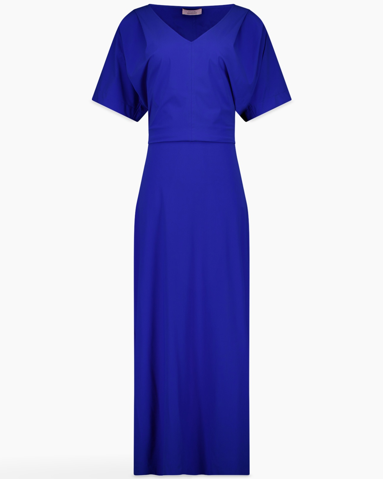maxi dress, royal blue, short sleeves, V-neck, floor-length