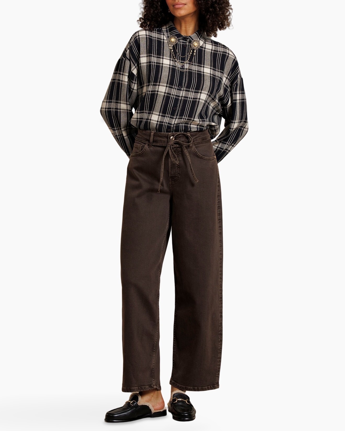plaid, button-down, long-sleeve, brown, pants