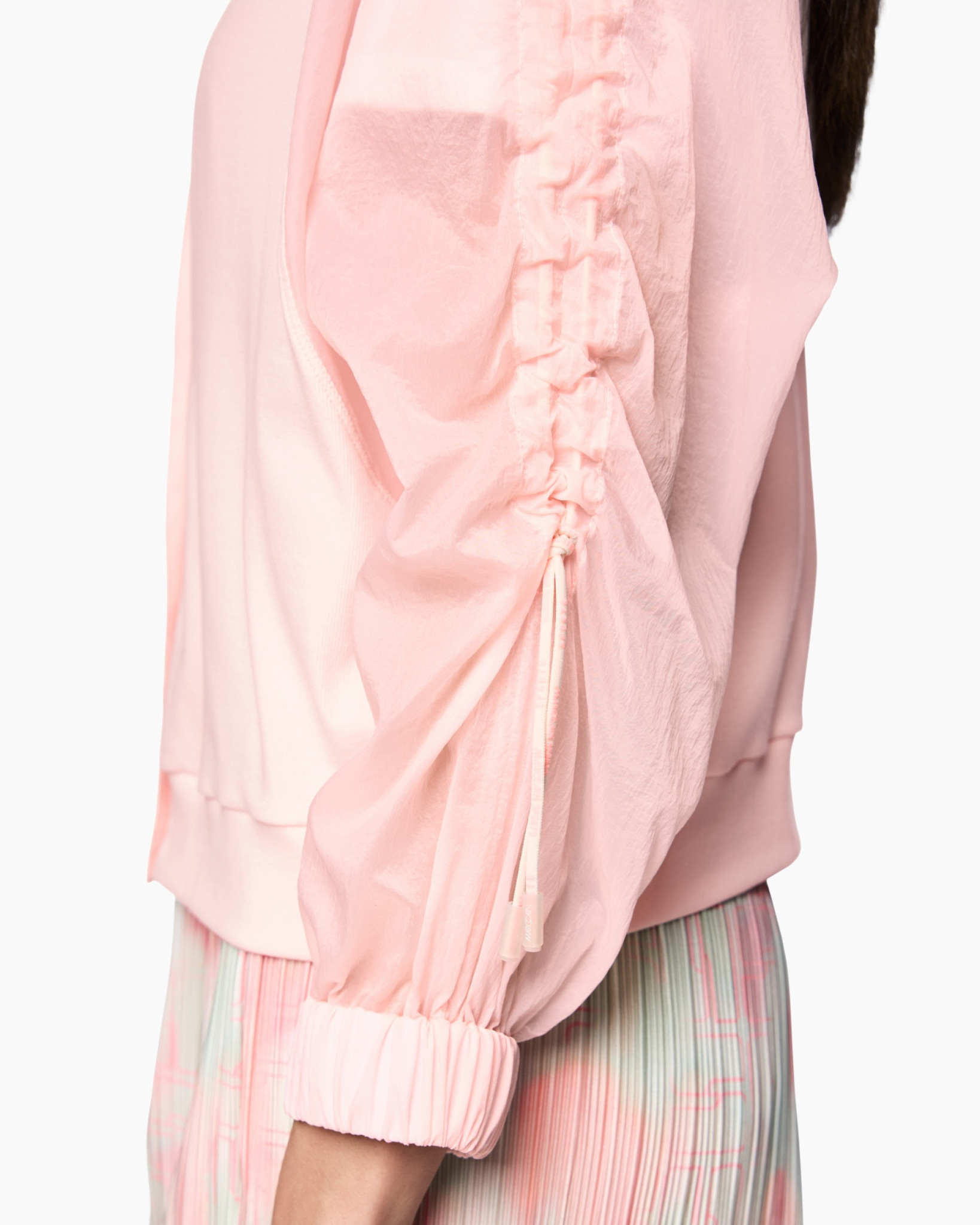 pink, jacket, ruched sleeve, drawstring, long-sleeve