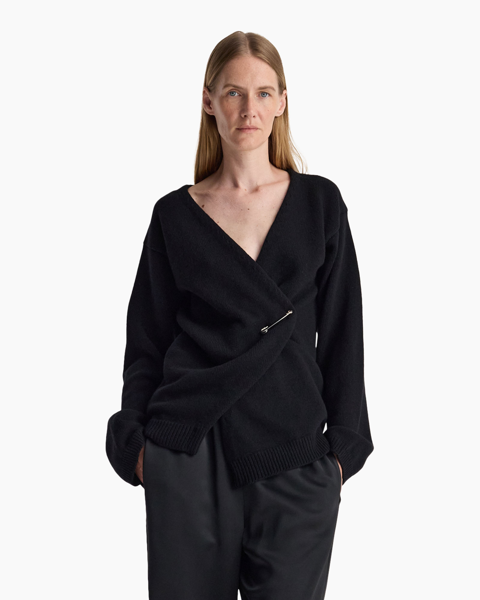 knit sweater, wrap sweater, black, long sleeves, asymmetrical wrap
