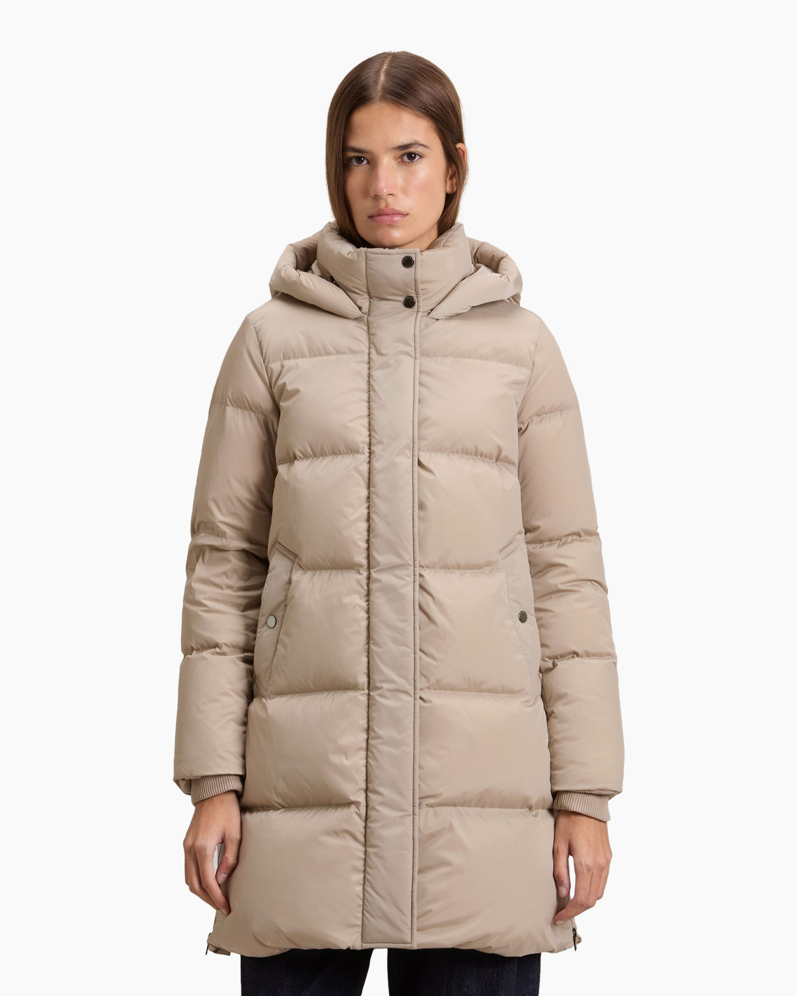 coat, puffer, down, beige, hooded