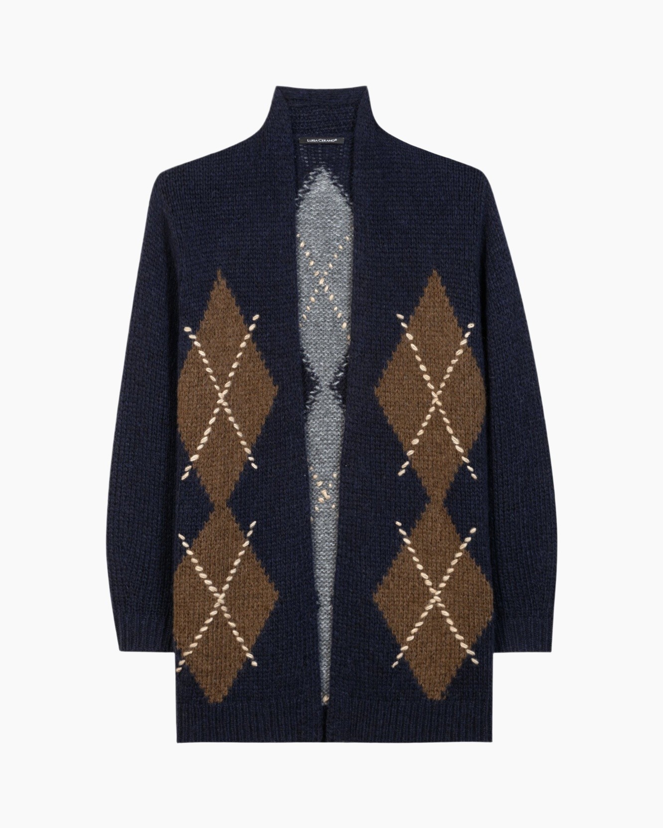 cardigan, argyle, knitted, navy, open-front