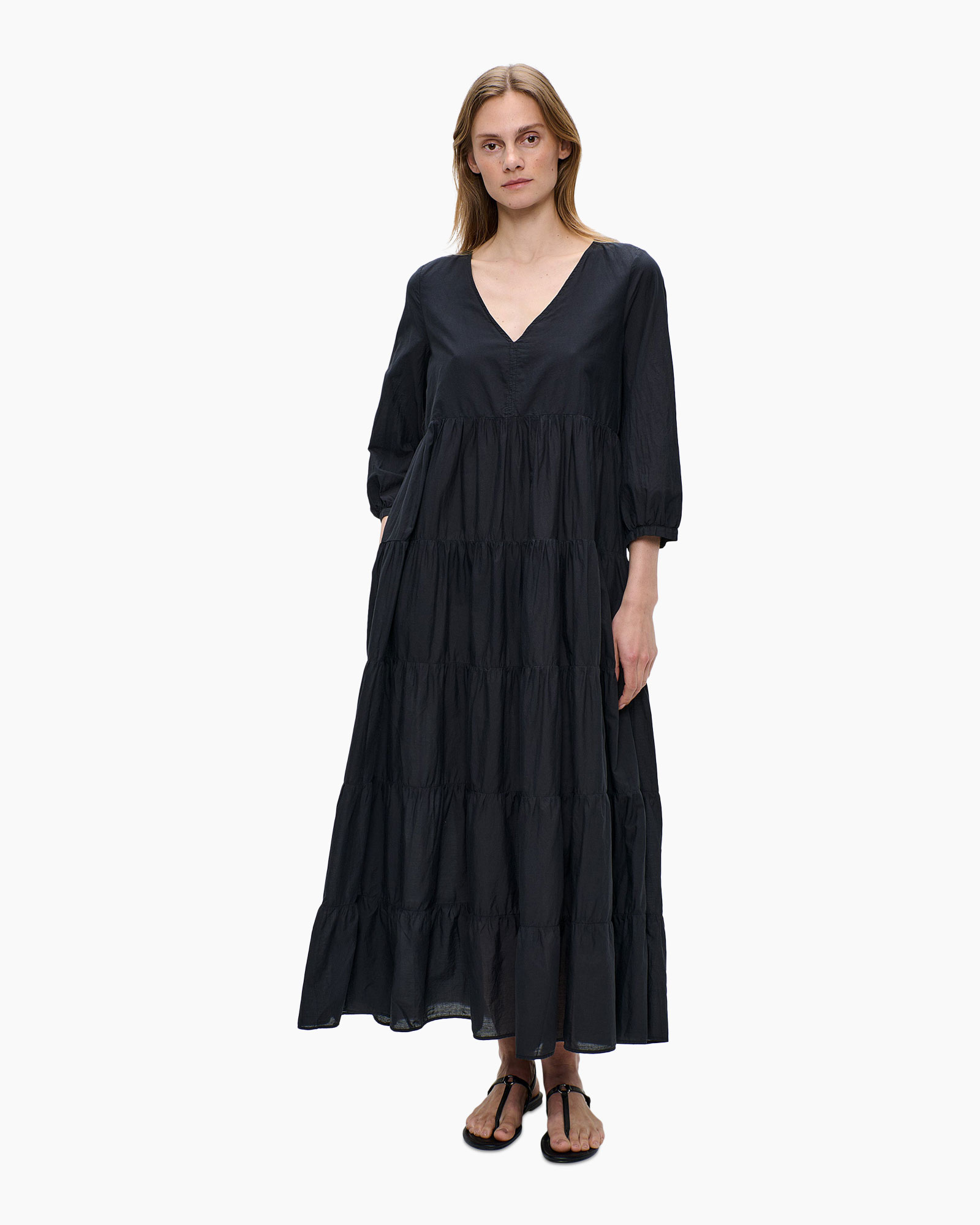 dress, maxi dress, tiered, long sleeve, navy