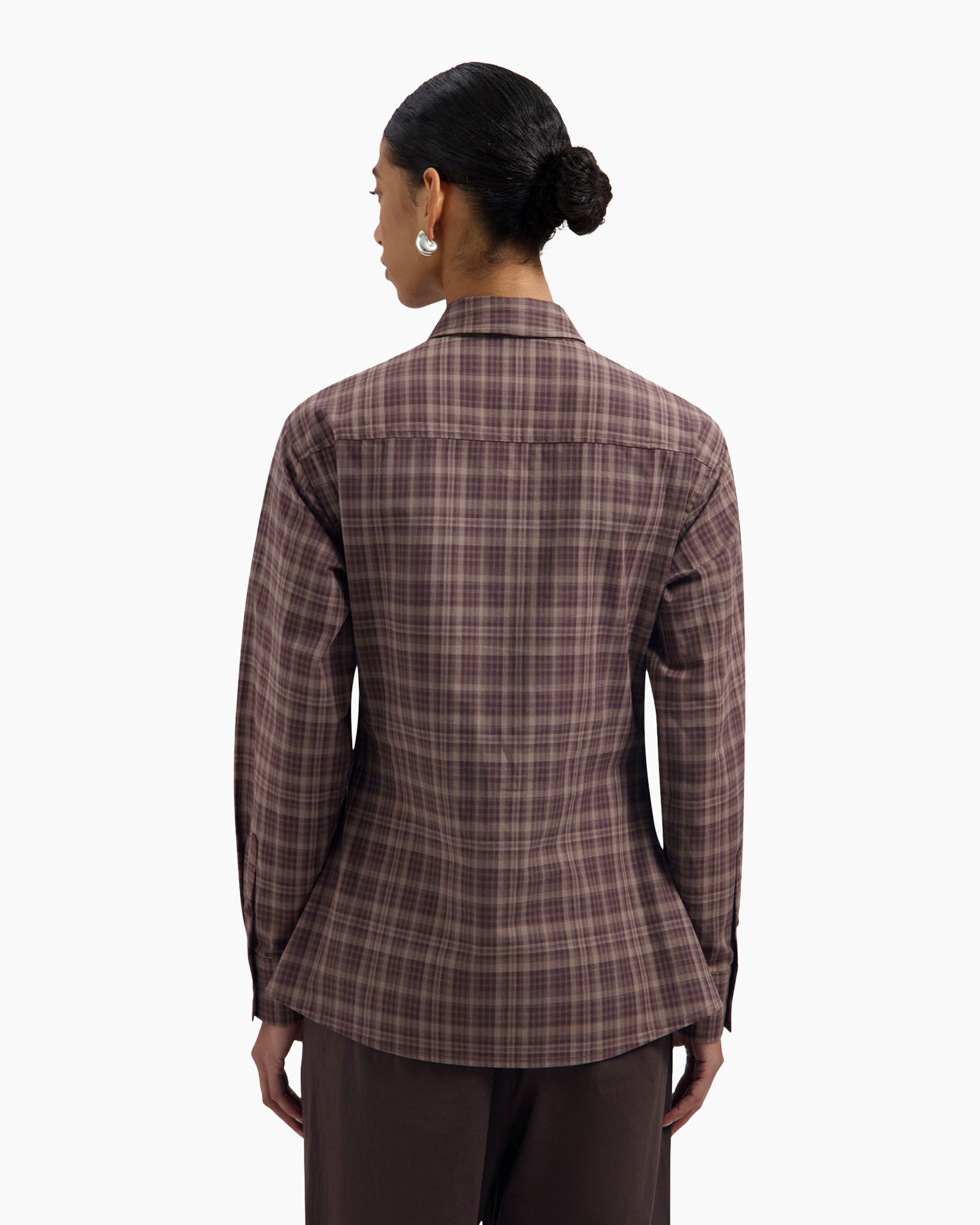 plaid shirt, button-up, long-sleeve, collared, brown