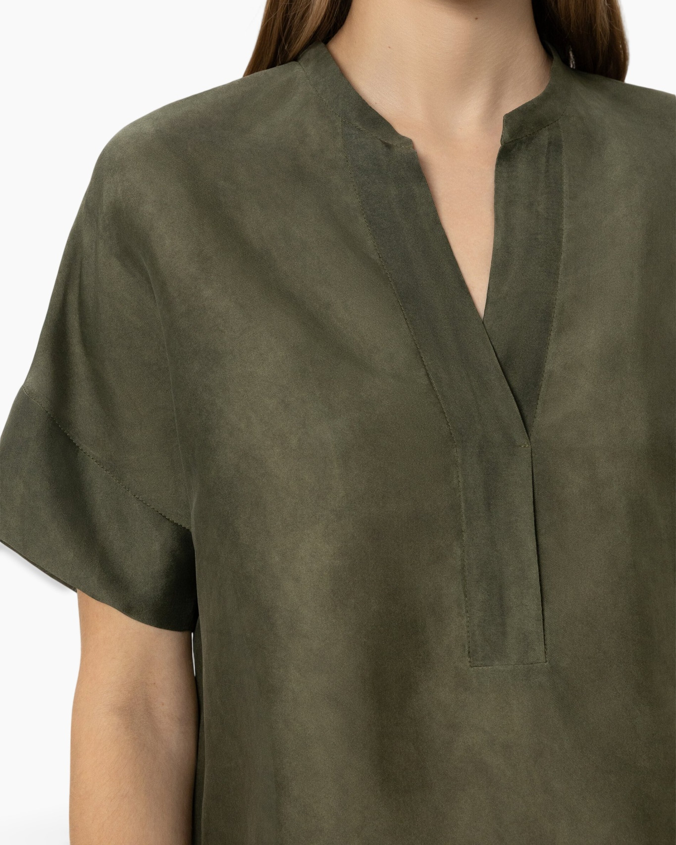 top, short sleeve, olive green, placket, linen-like