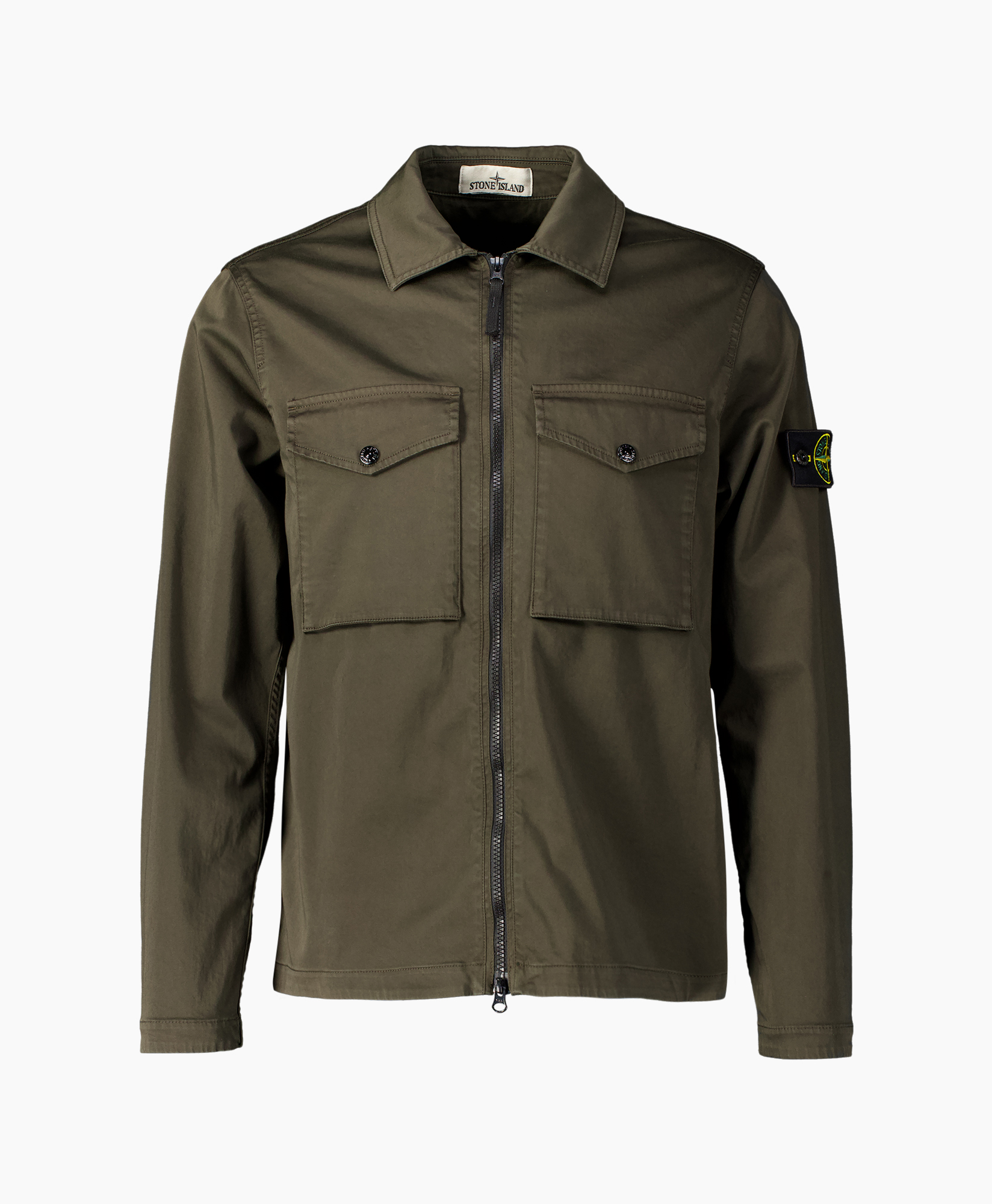 jacket, olive-green, zipper, four-pocket, crew-neck