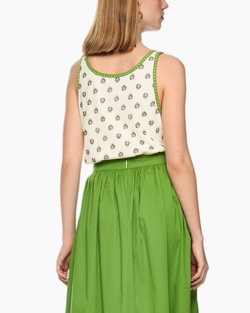 tank top, print top, white top, green trim, linen look