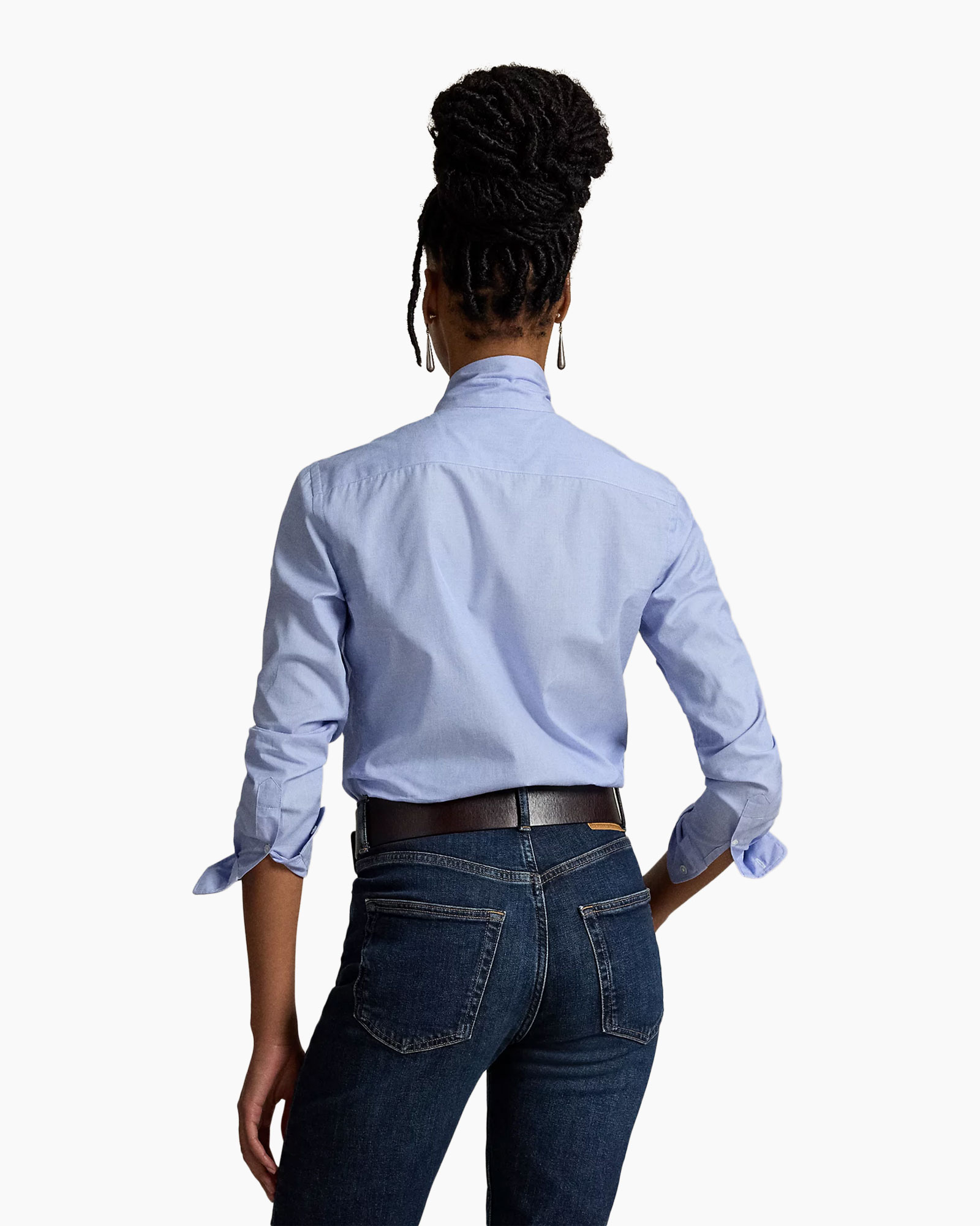 button-up shirt, light blue, bow tie, long sleeves, jeans