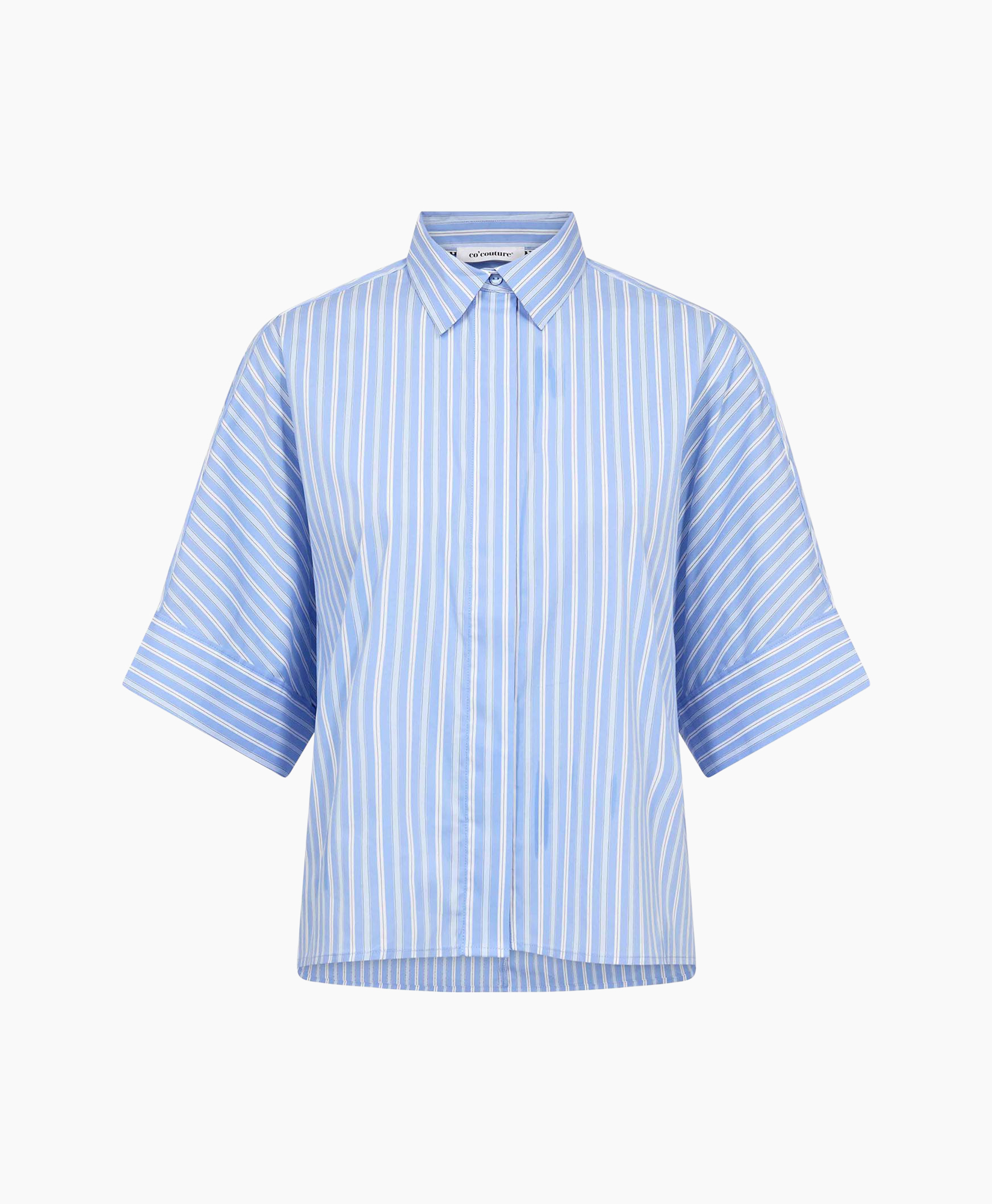 striped shirt, blue shirt, collared shirt, short sleeve, vertical stripes