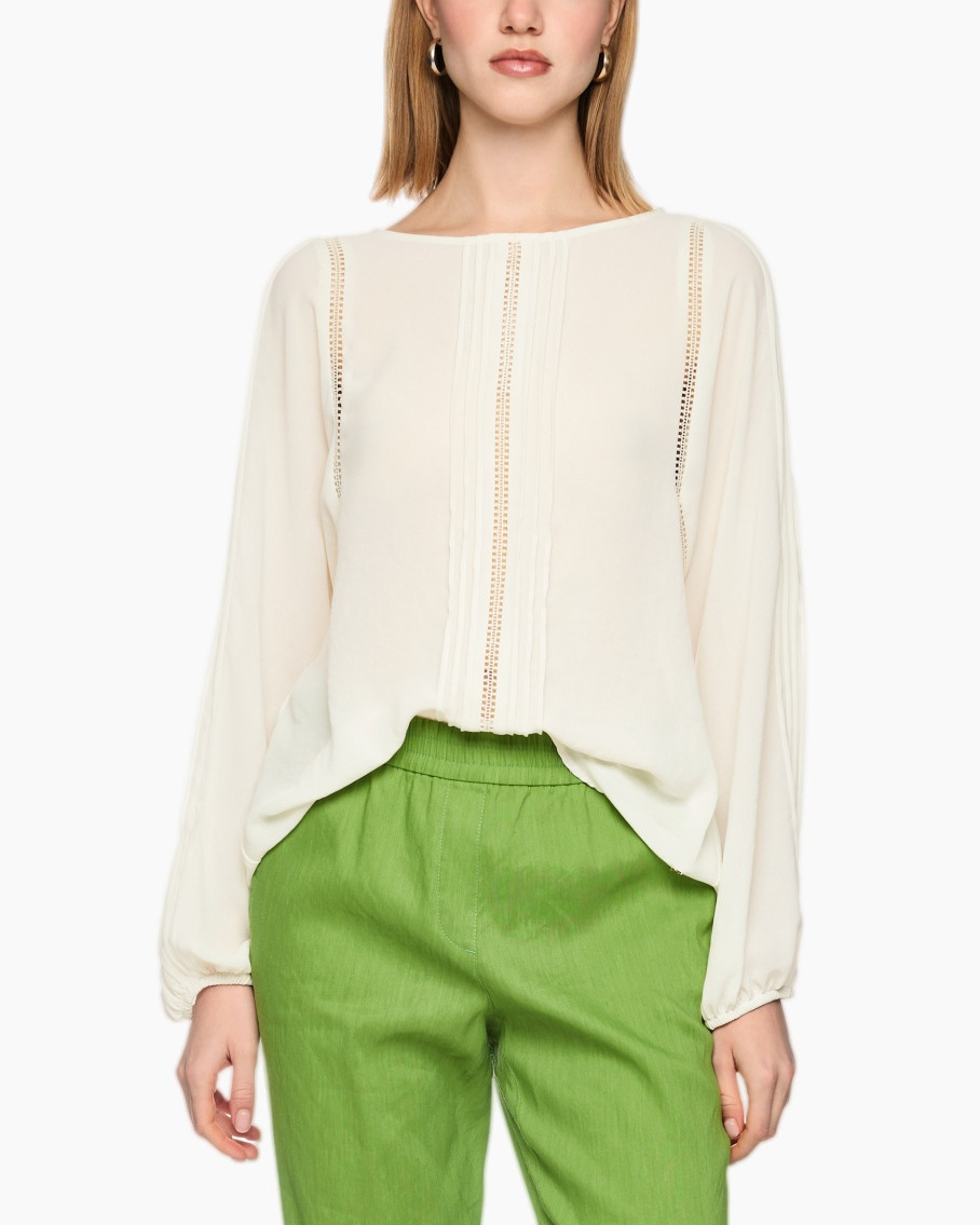 blouse, cream top, long sleeves, eyelet details, plaid not, embroidery, soft fabric, light sweater
