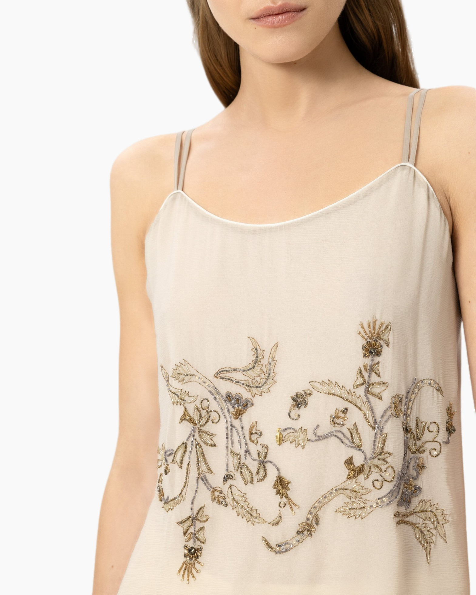 beige, embroidery, sleeveless, tank top, floral