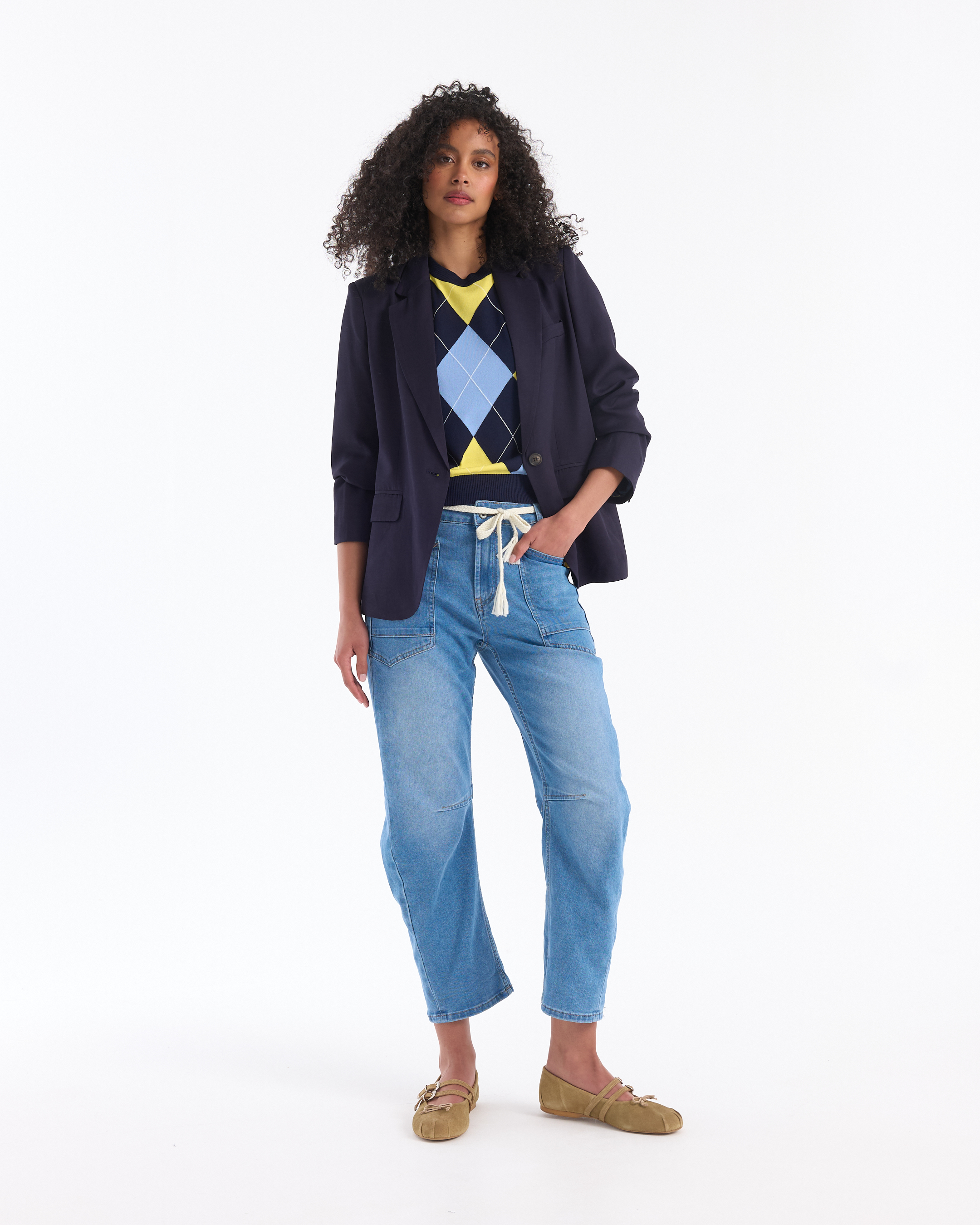 blazer, jacket, jeans, moccasins, argyle sweater