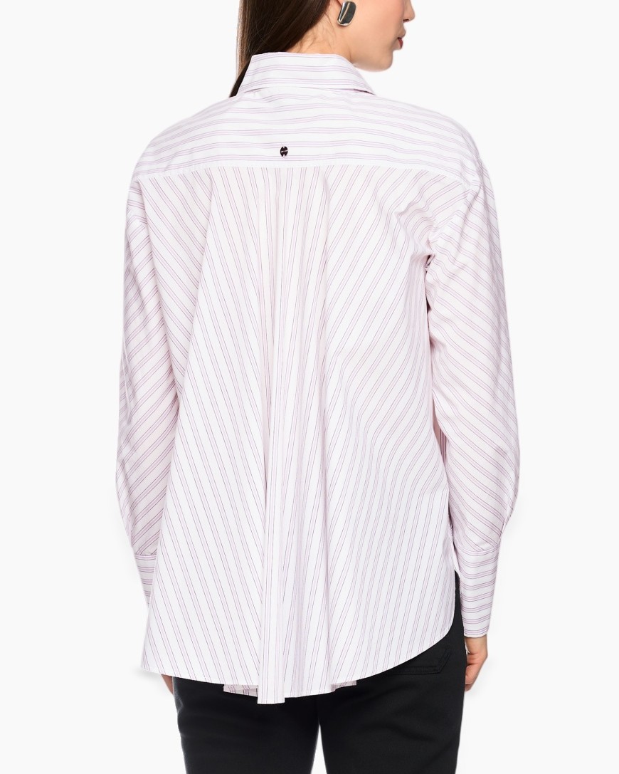striped shirt, long sleeve, pink stripe, collared shirt, back view