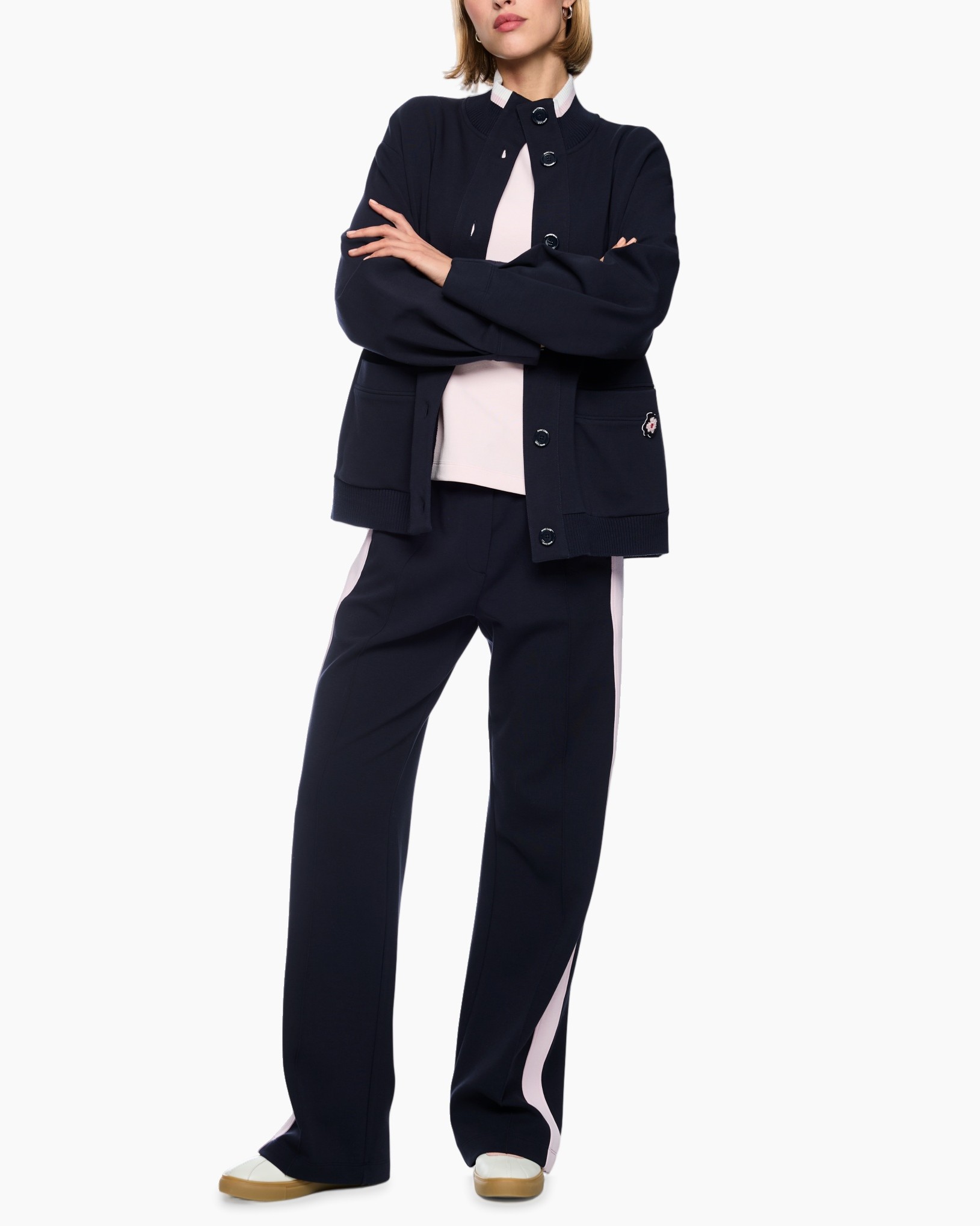 pants, jacket, navy, wide-leg, pink-accent