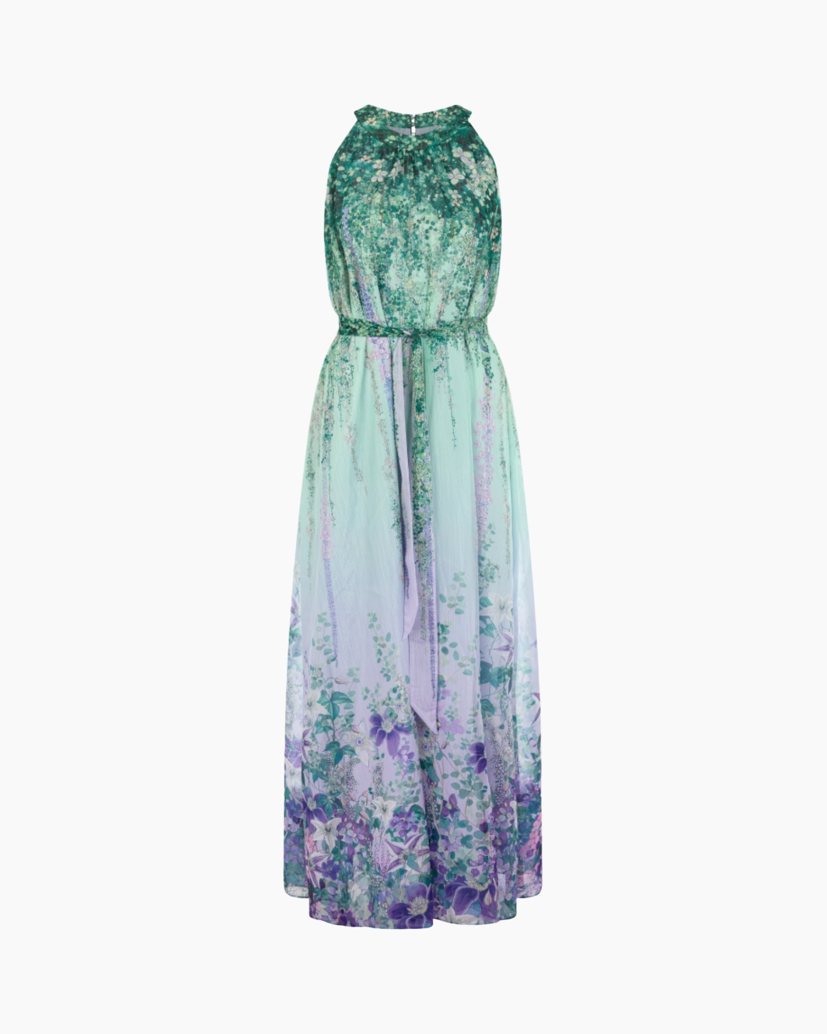 maxi dress, floral print, green purple, cinched waist, sleeveless