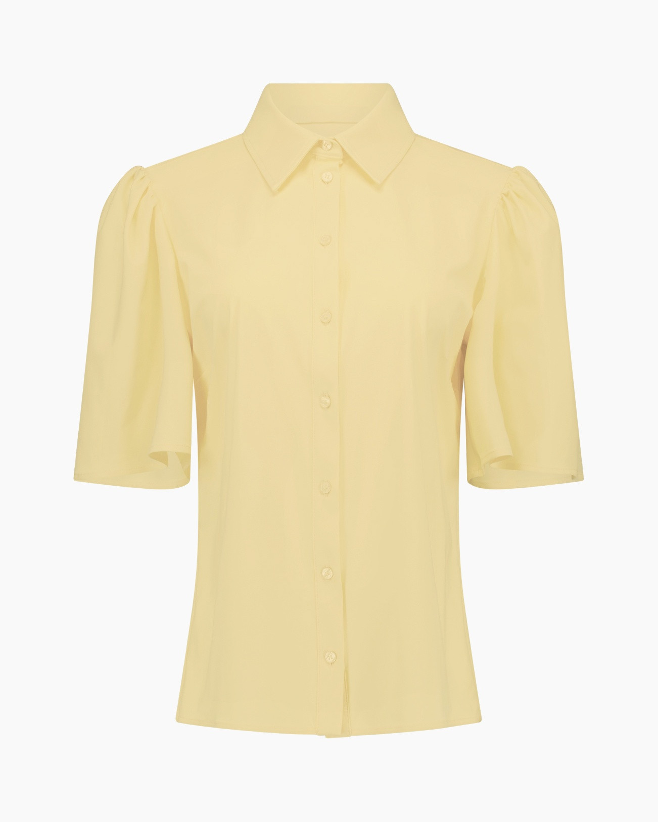 blouse, button-down, short sleeves, puff sleeves, light yellow