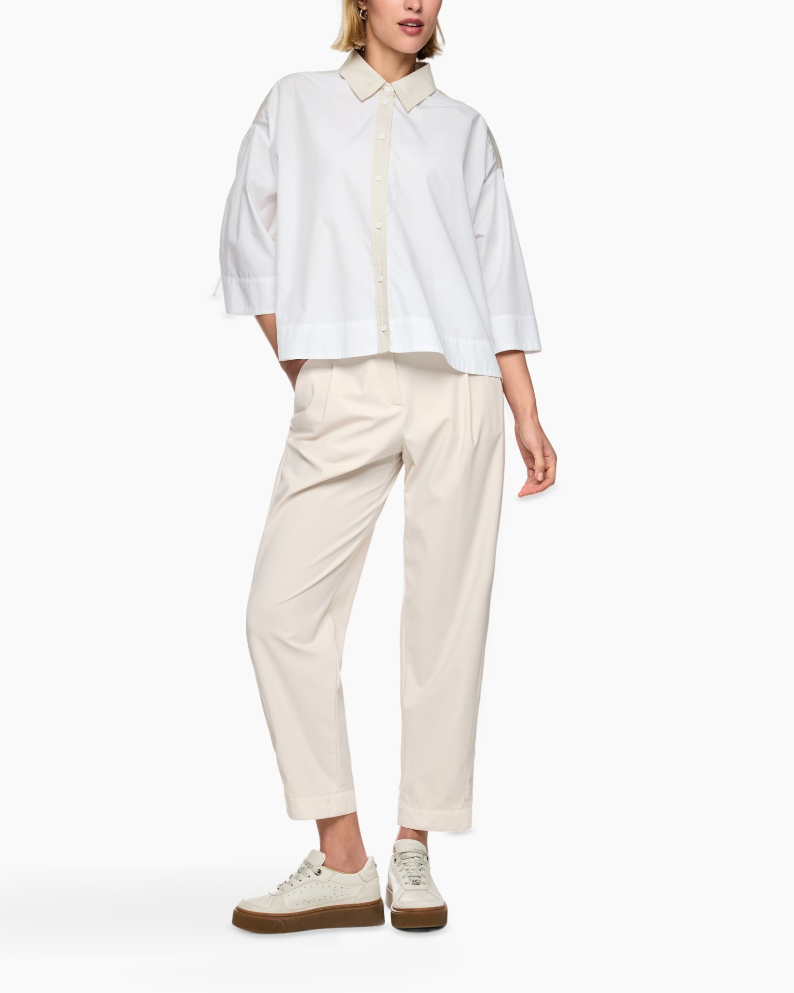 white shirt, collared shirt, 3/4 sleeve, loose fit, beige pants