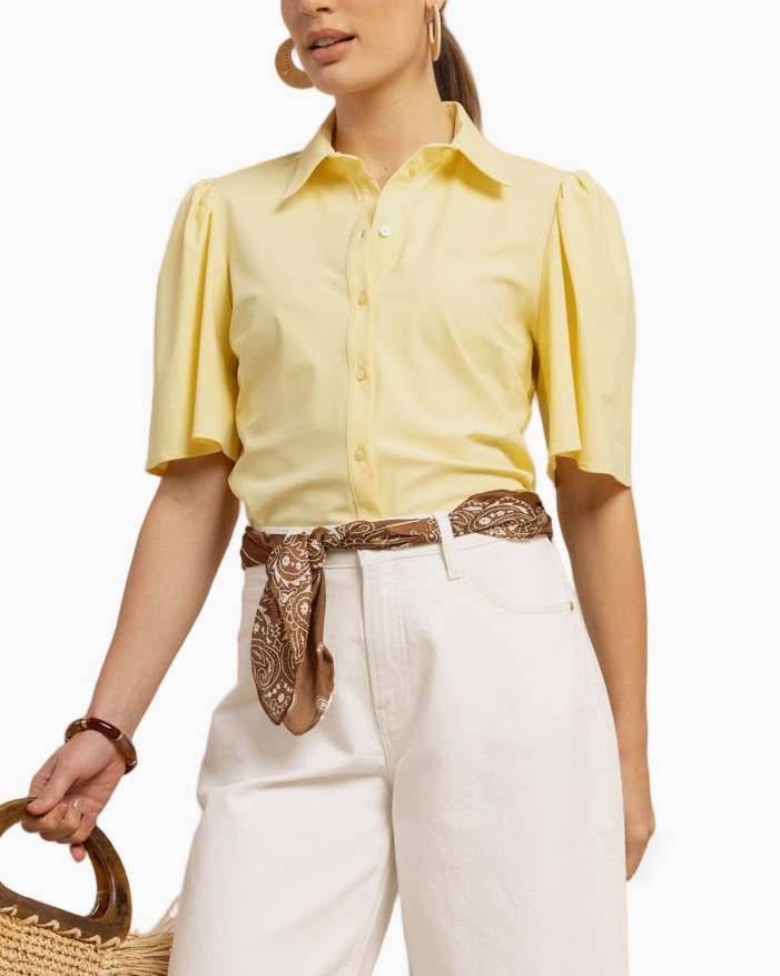 yellow shirt, puff sleeve, button-down, collared, knit? no