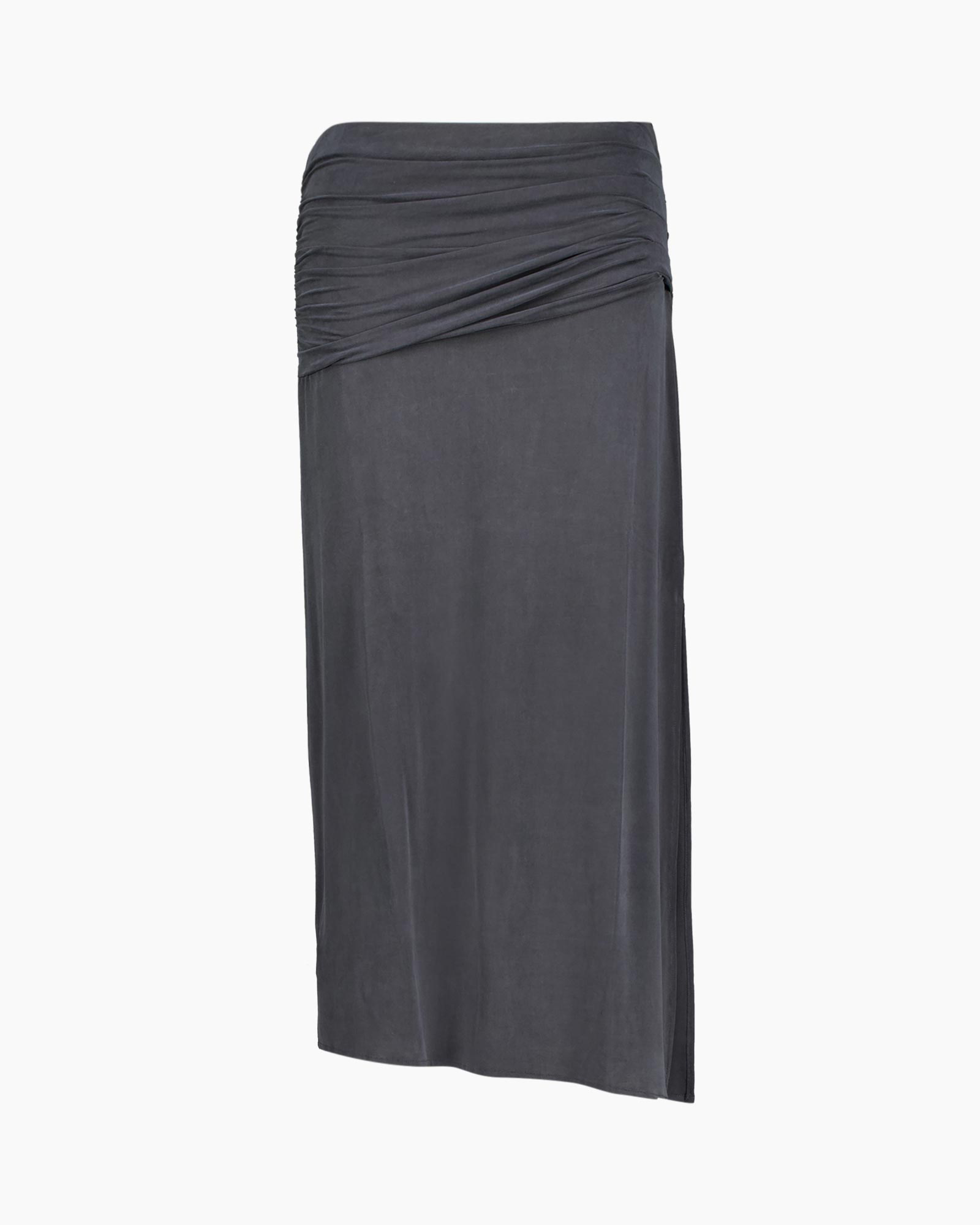 maxi skirt, pencil skirt, ruched waist, ankle length, solid color