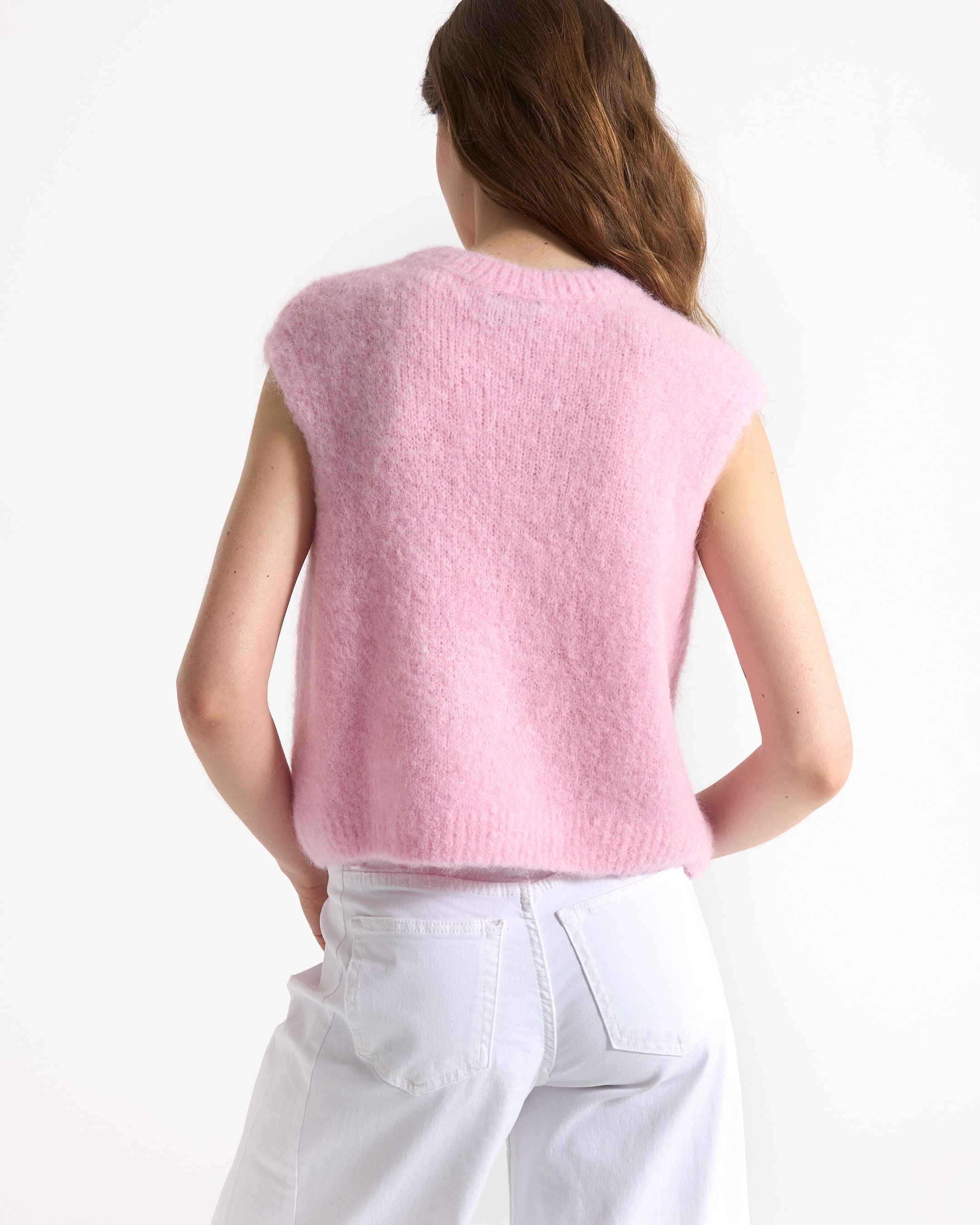 pink, knit, sleeveless, top, women