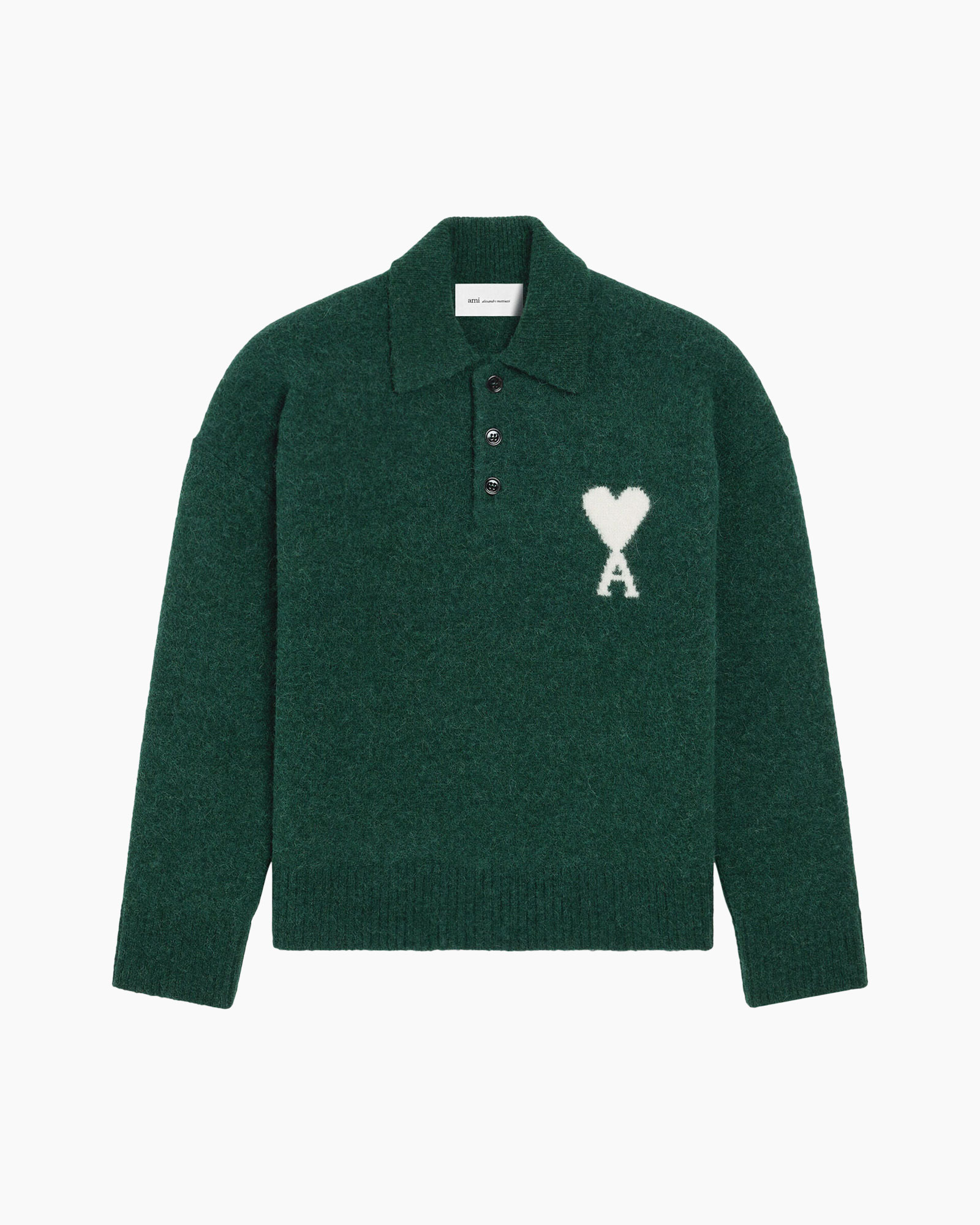 green, knit sweater, polo collar, heart motif, long sleeves