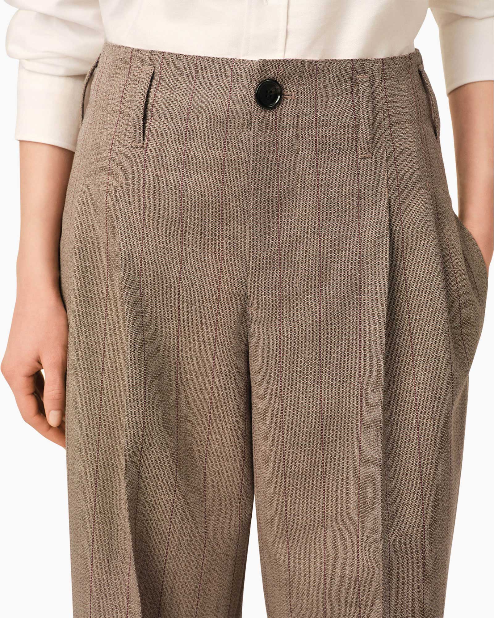 trousers, pinstripe, waistband, pleated, pocketed