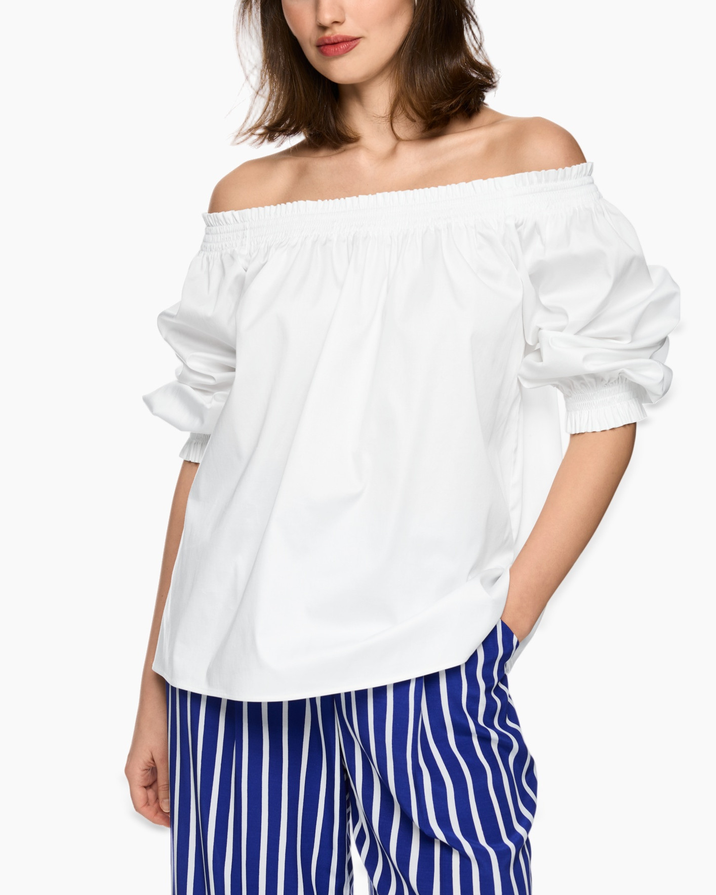 offshoulder, white-top, blouse, puffed-sleeves, cotton