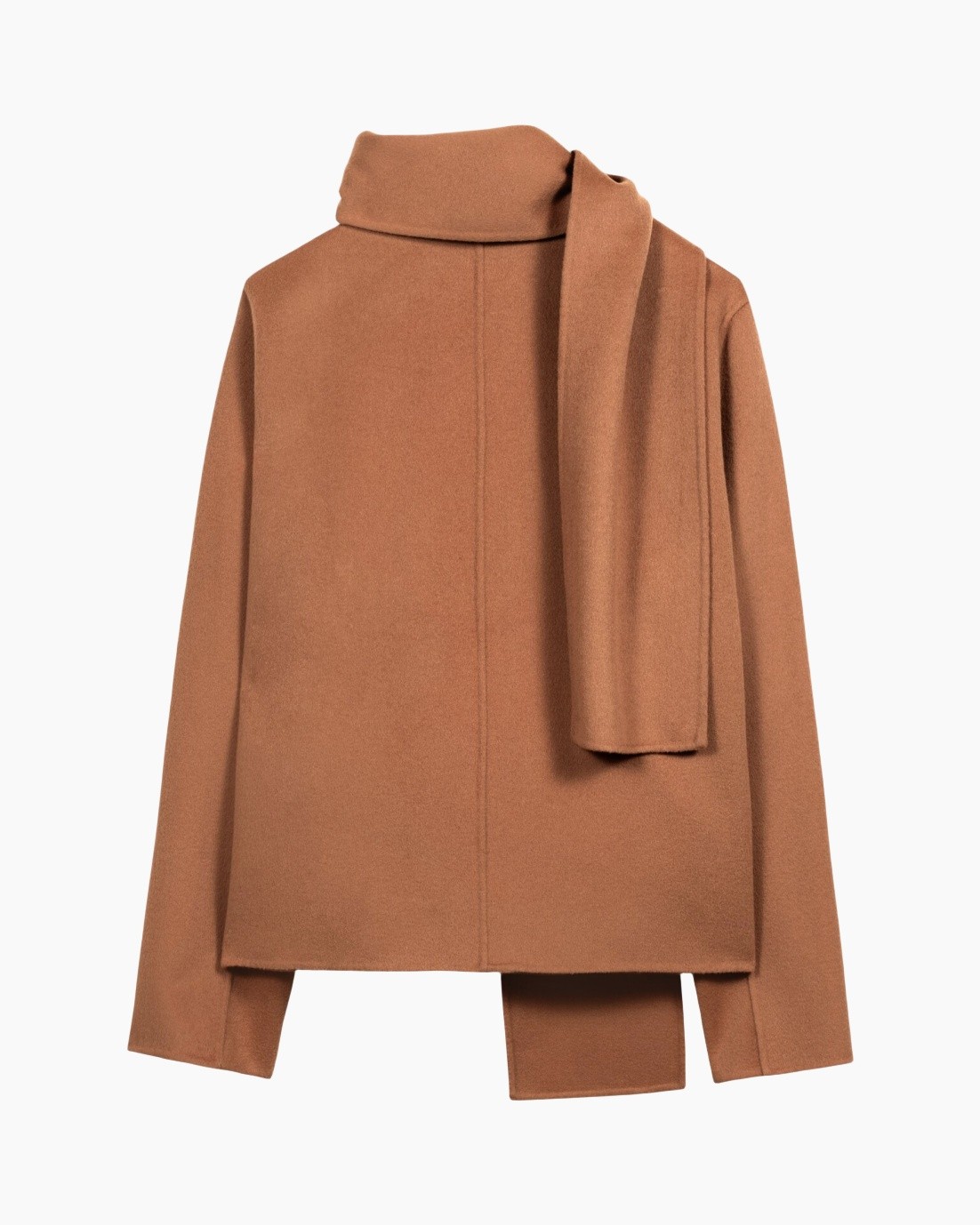 coat, scarf, camel, oversized, collarless