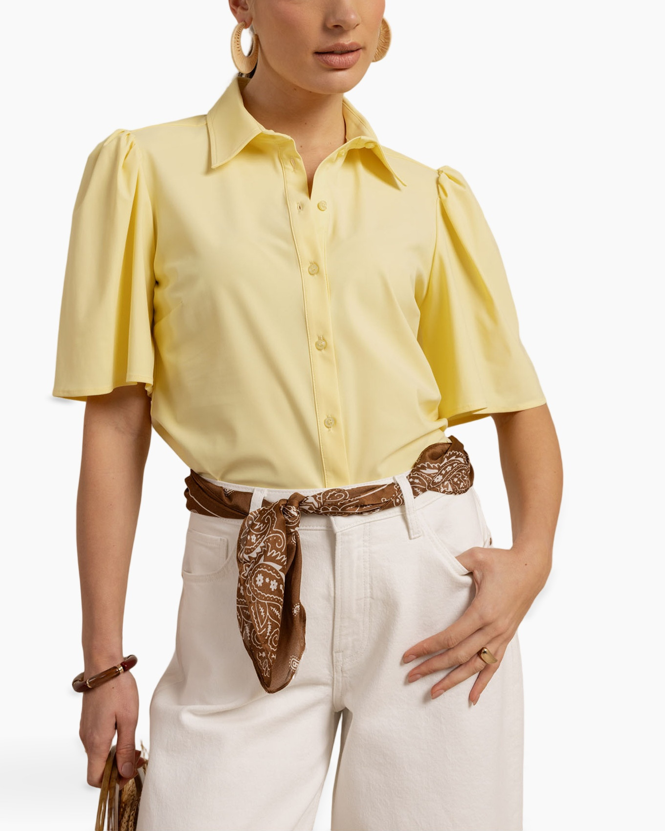yellow shirt, puff sleeve, button-down, collared, knit? no