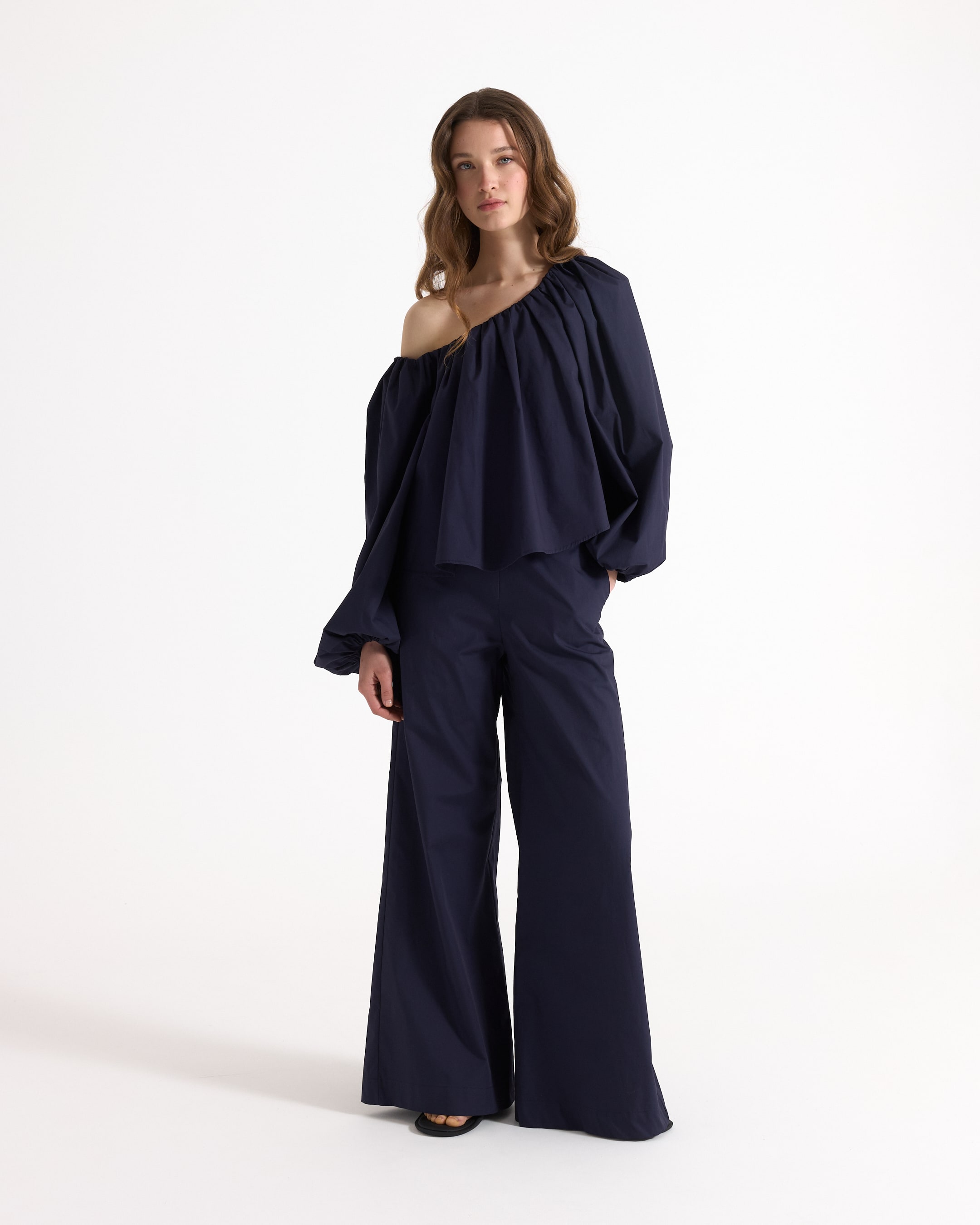 off-shoulder, navy, blouse, puff-sleeve, top