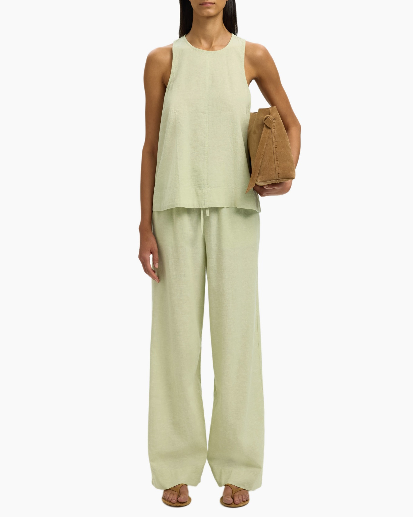 lounge set, tank top, wide leg pants, linen, sage green