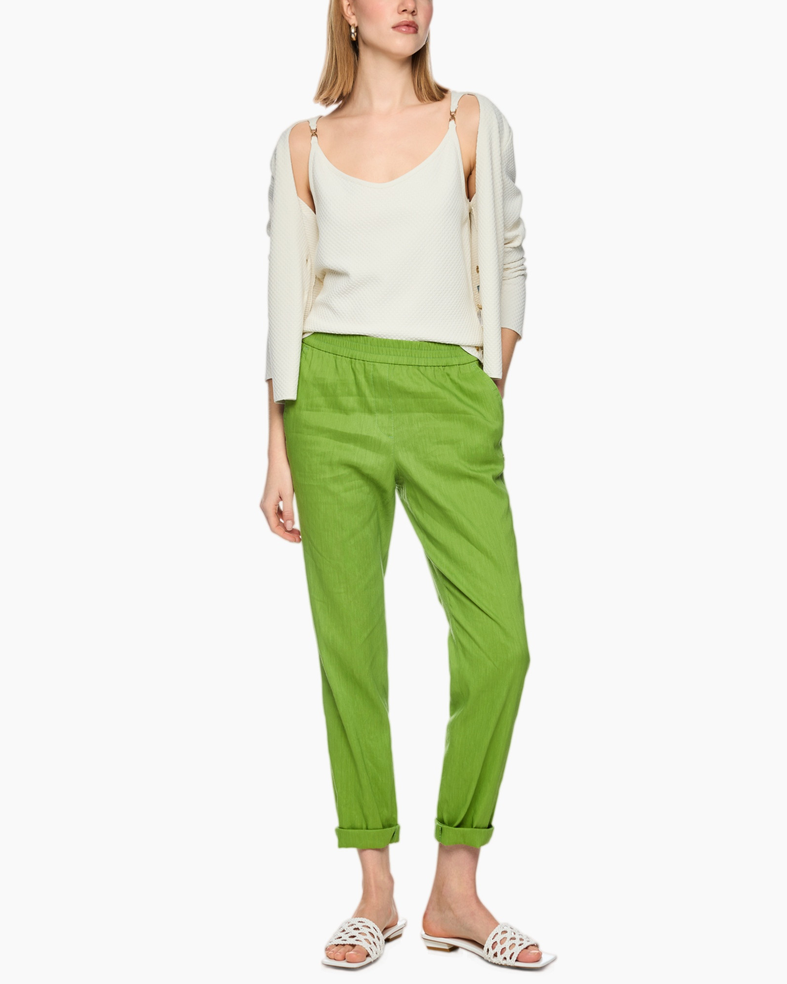 tank top, spaghetti straps, knit top, cream color, green pants, linen look, relaxed fit, slit cardigan not present, tank top, cardigan, green pants, linen pants, white sandals