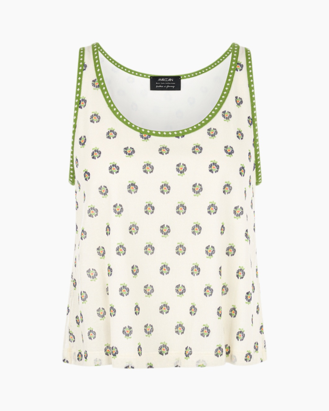 tank top, floral pattern, cream, green trim, sleeveless