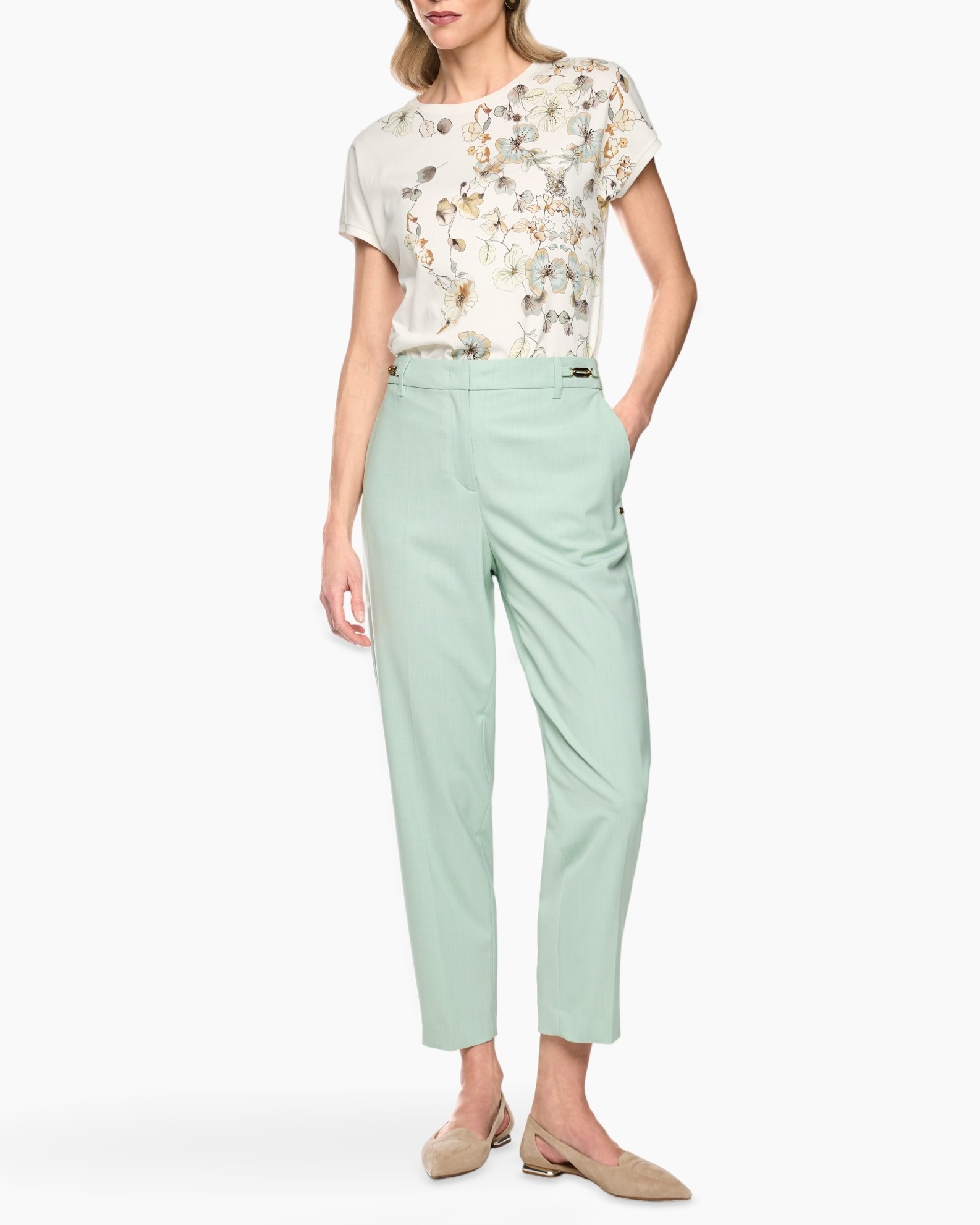 top, blouse, floral, short sleeve, pants, mint green, trousers, slim fit, crepe?, shoes