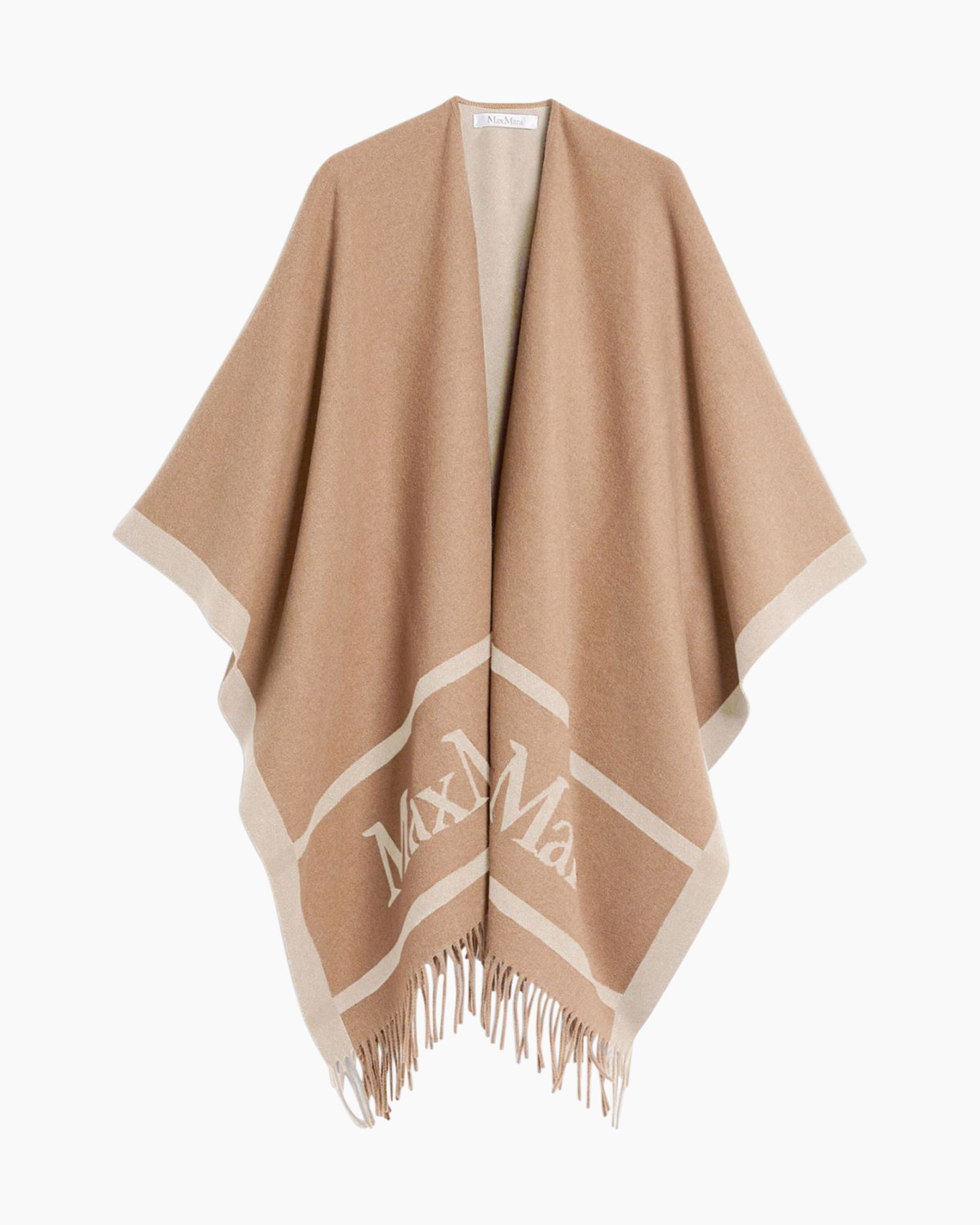 poncho, camel, fringe, woven, logo pattern