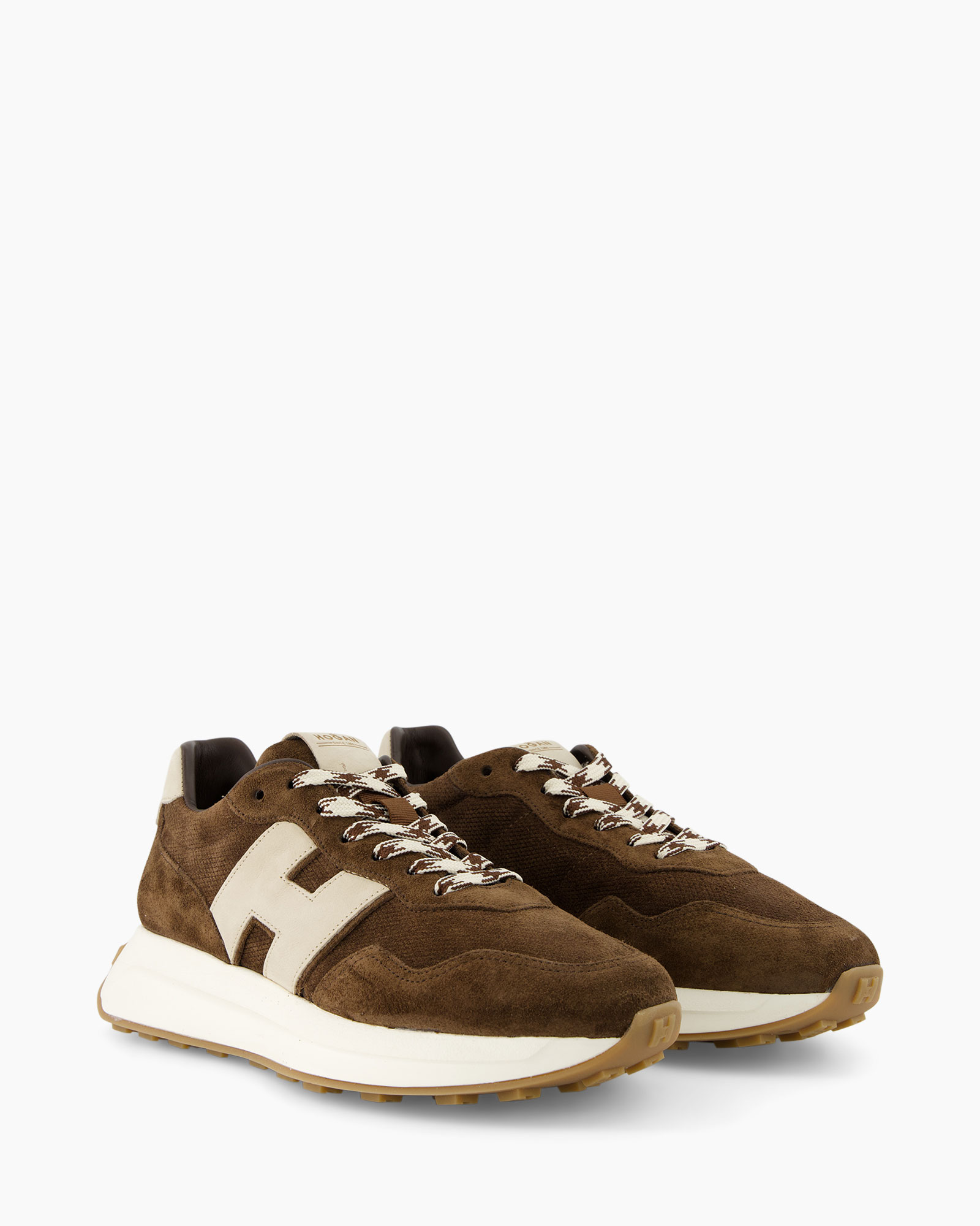 brown sneakers, suede, white logo, laces, casual footwear
