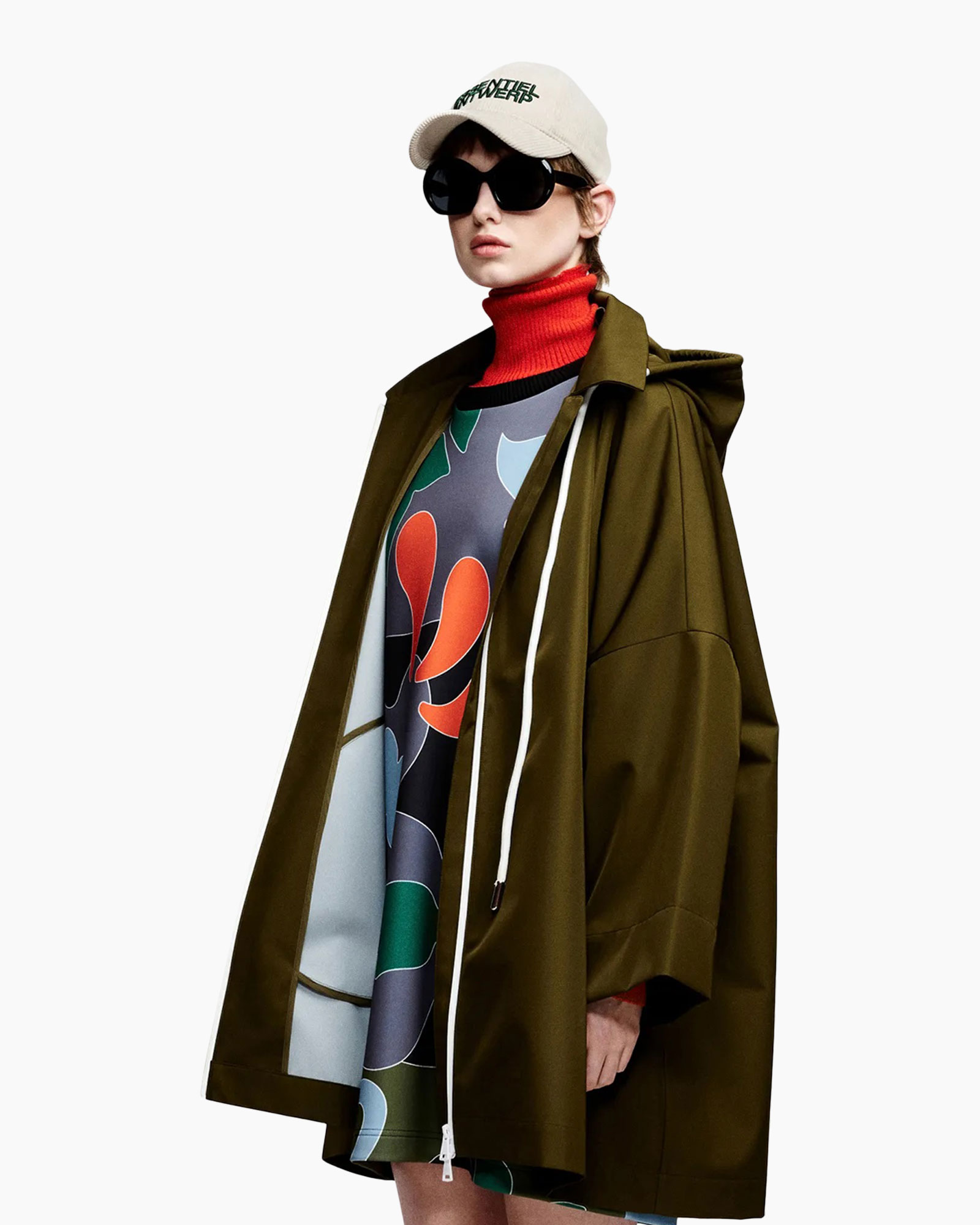 coat, hooded, olive, oversized, multicolor dress